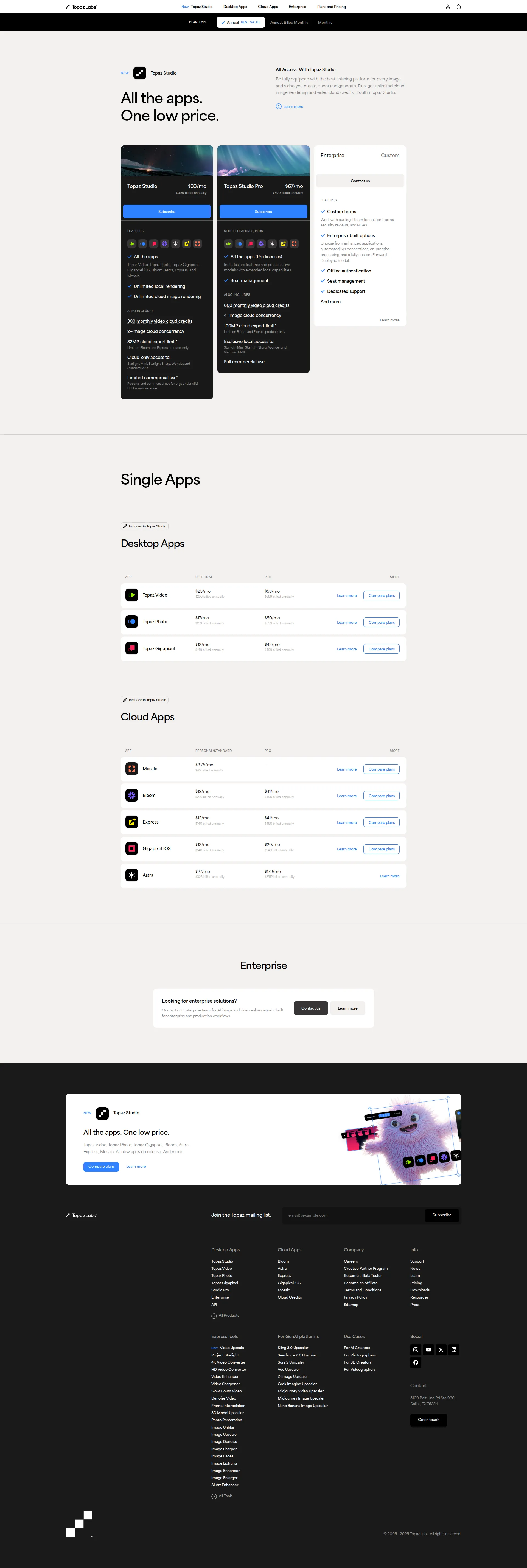Topaz Labs pricing page screenshot