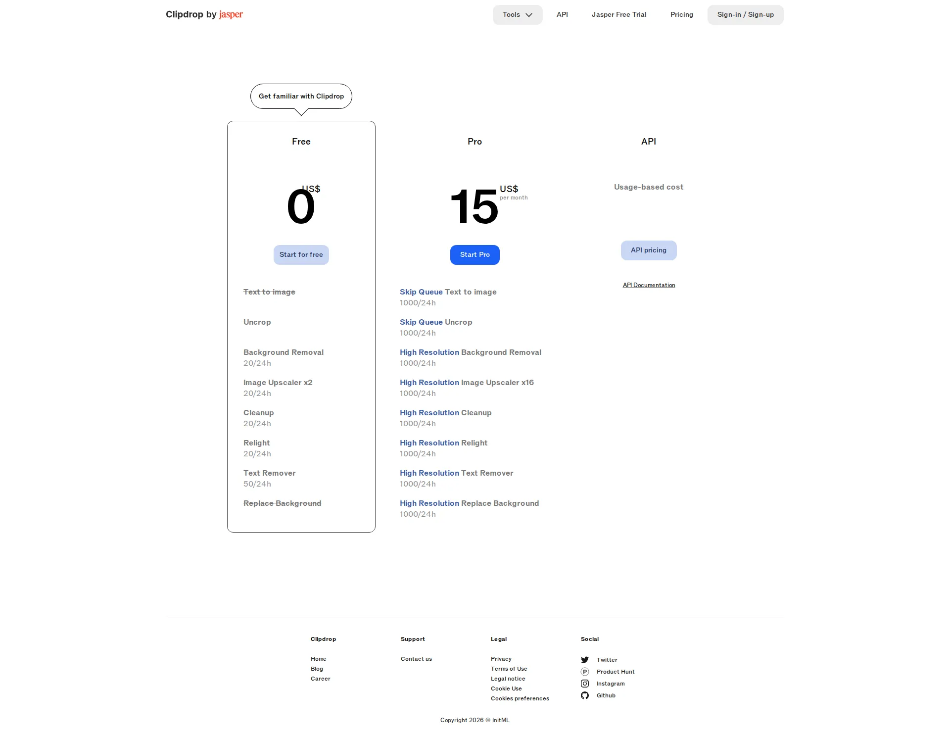 ClipDrop pricing page screenshot