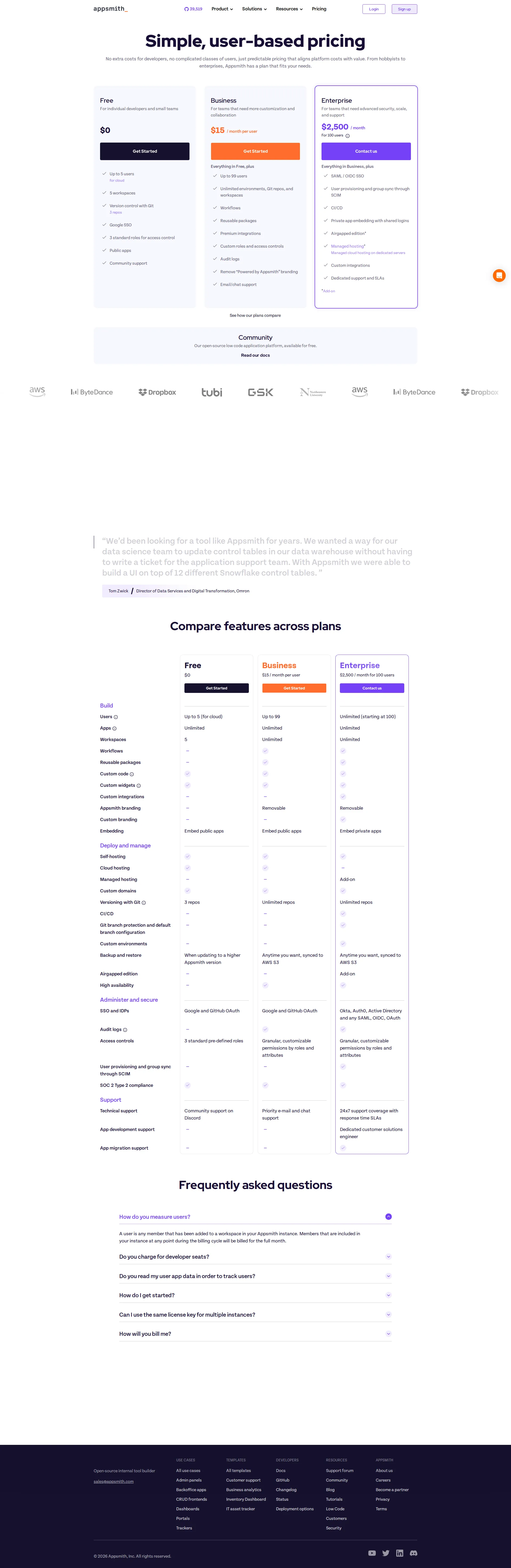 Appsmith pricing page screenshot