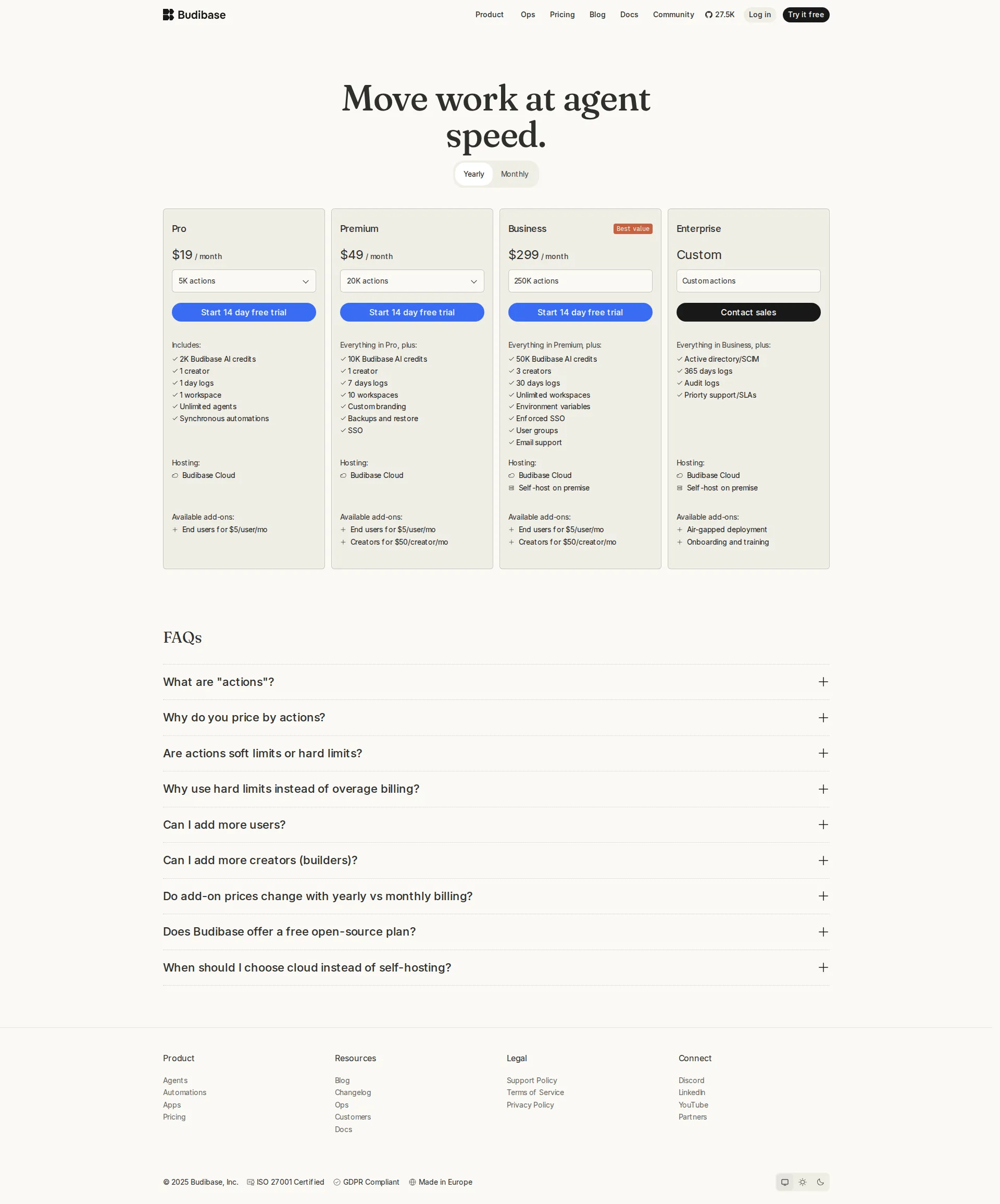 Budibase pricing page screenshot