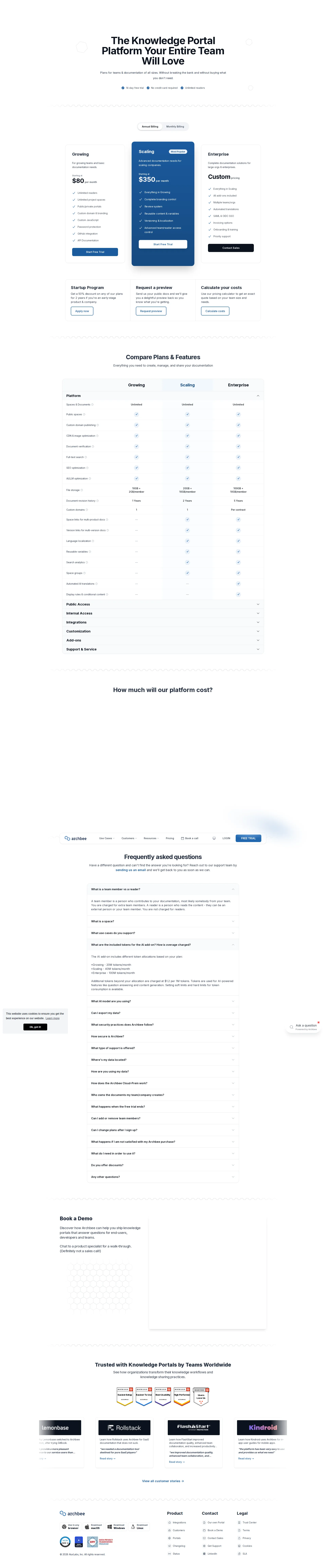 Archbee pricing page screenshot