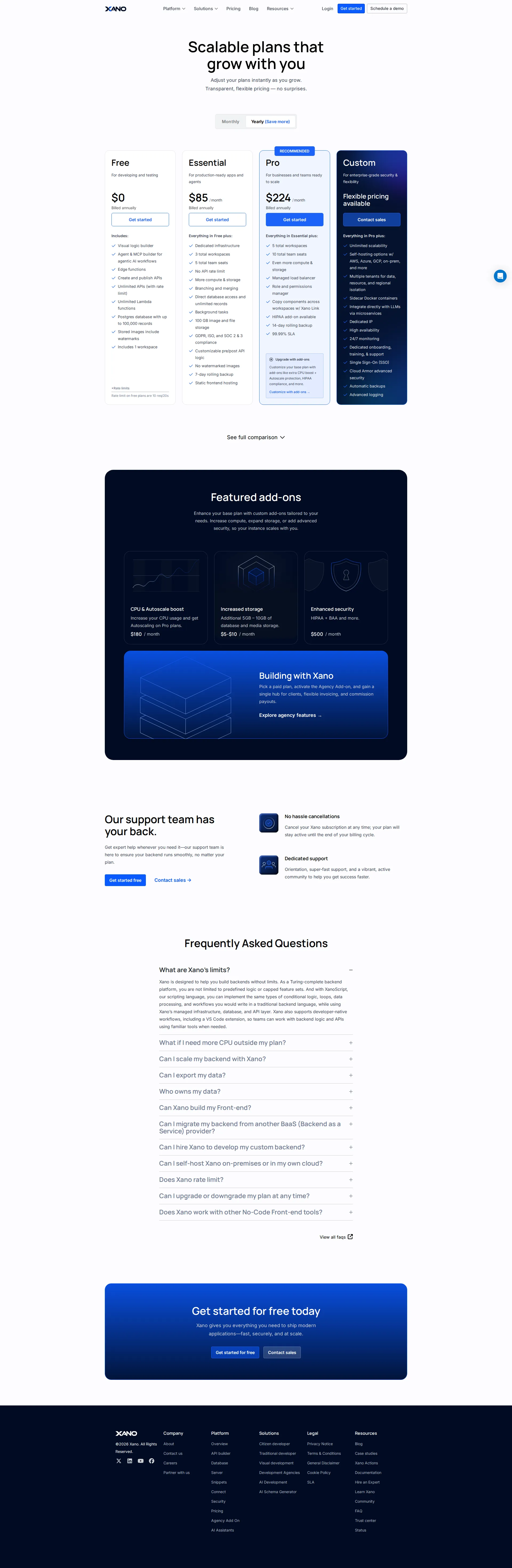 Xano pricing page screenshot