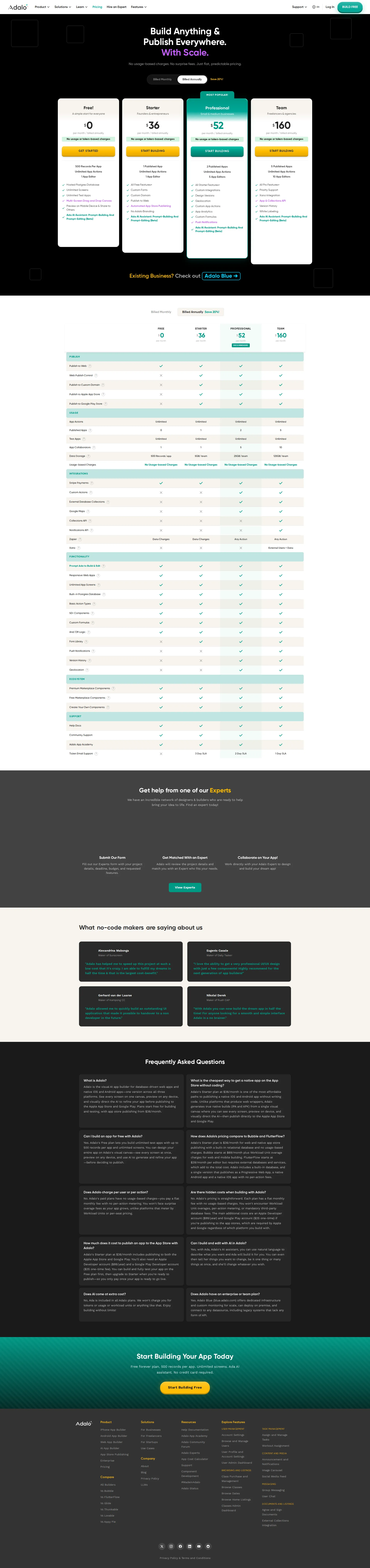 Adalo pricing page screenshot
