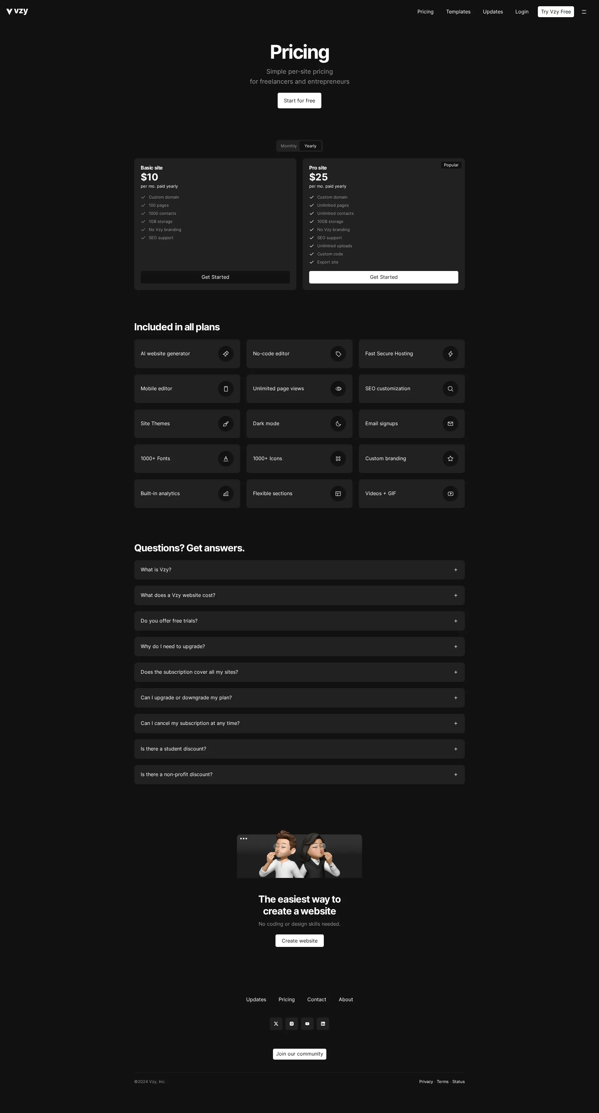 Vzy pricing page screenshot
