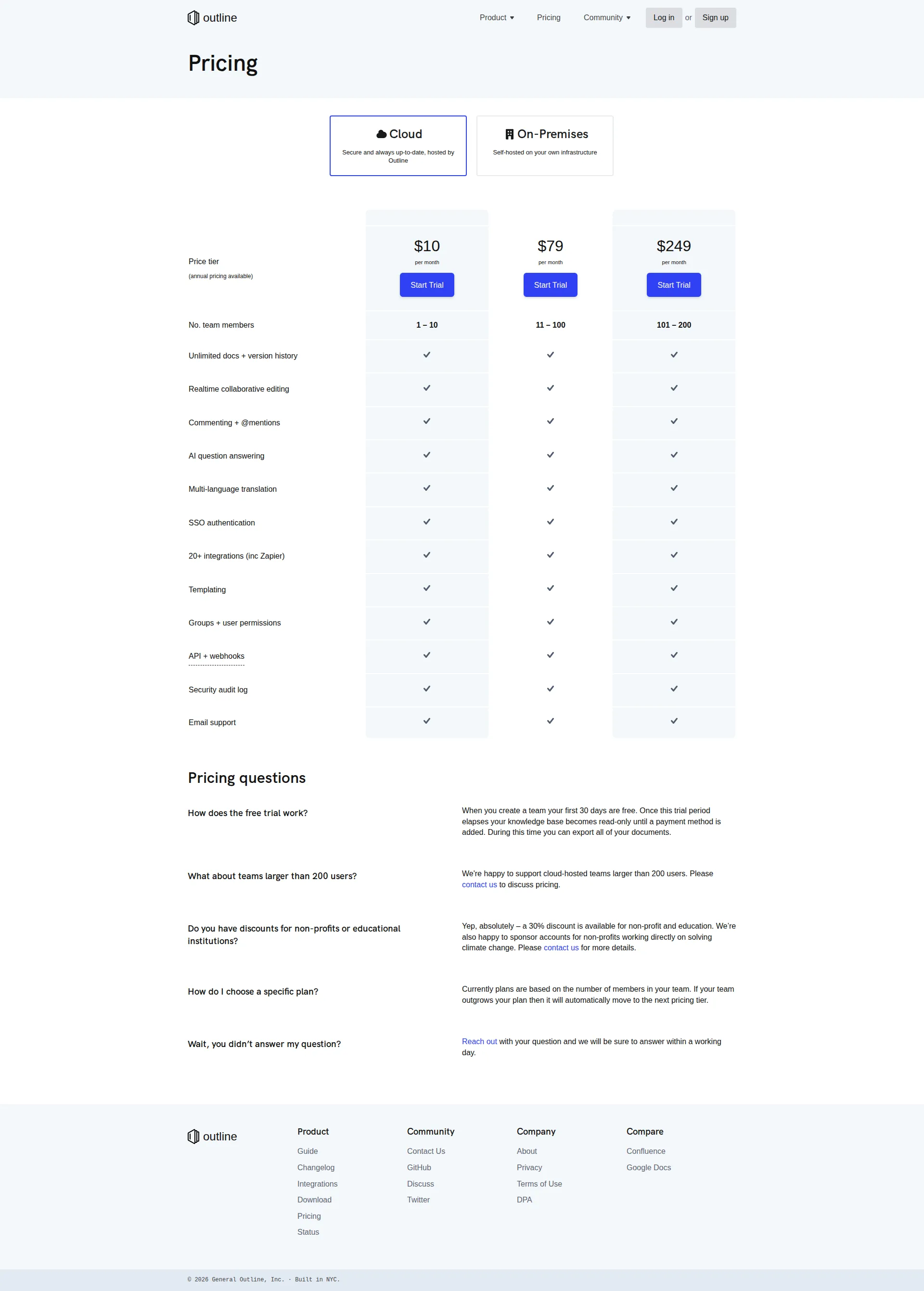 Outline pricing page screenshot