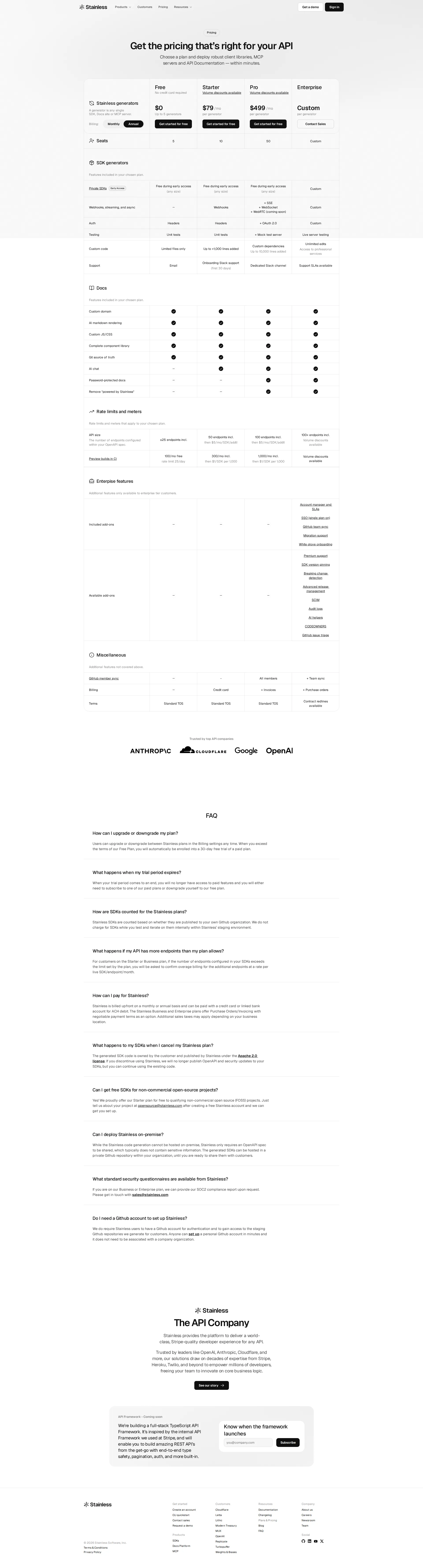 Stainless pricing page screenshot