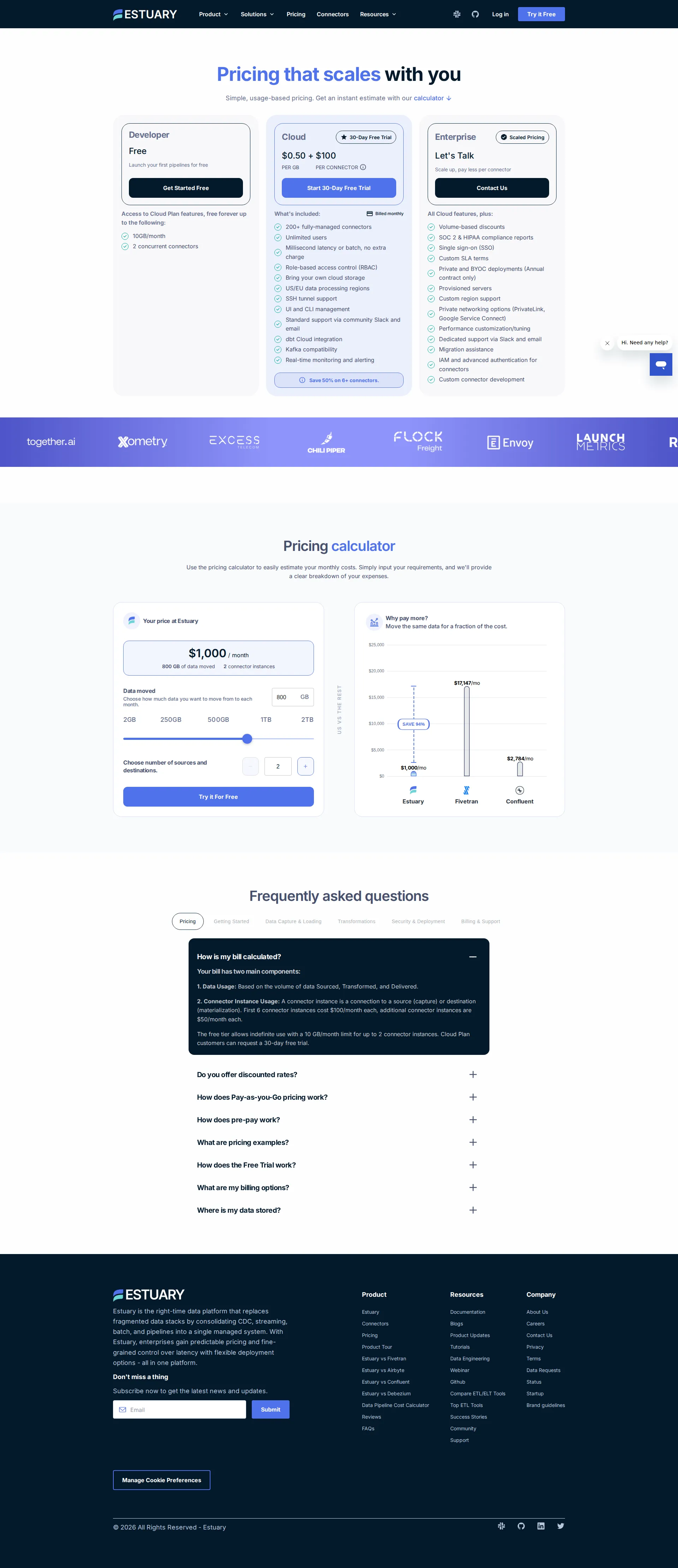 Estuary Flow pricing page screenshot