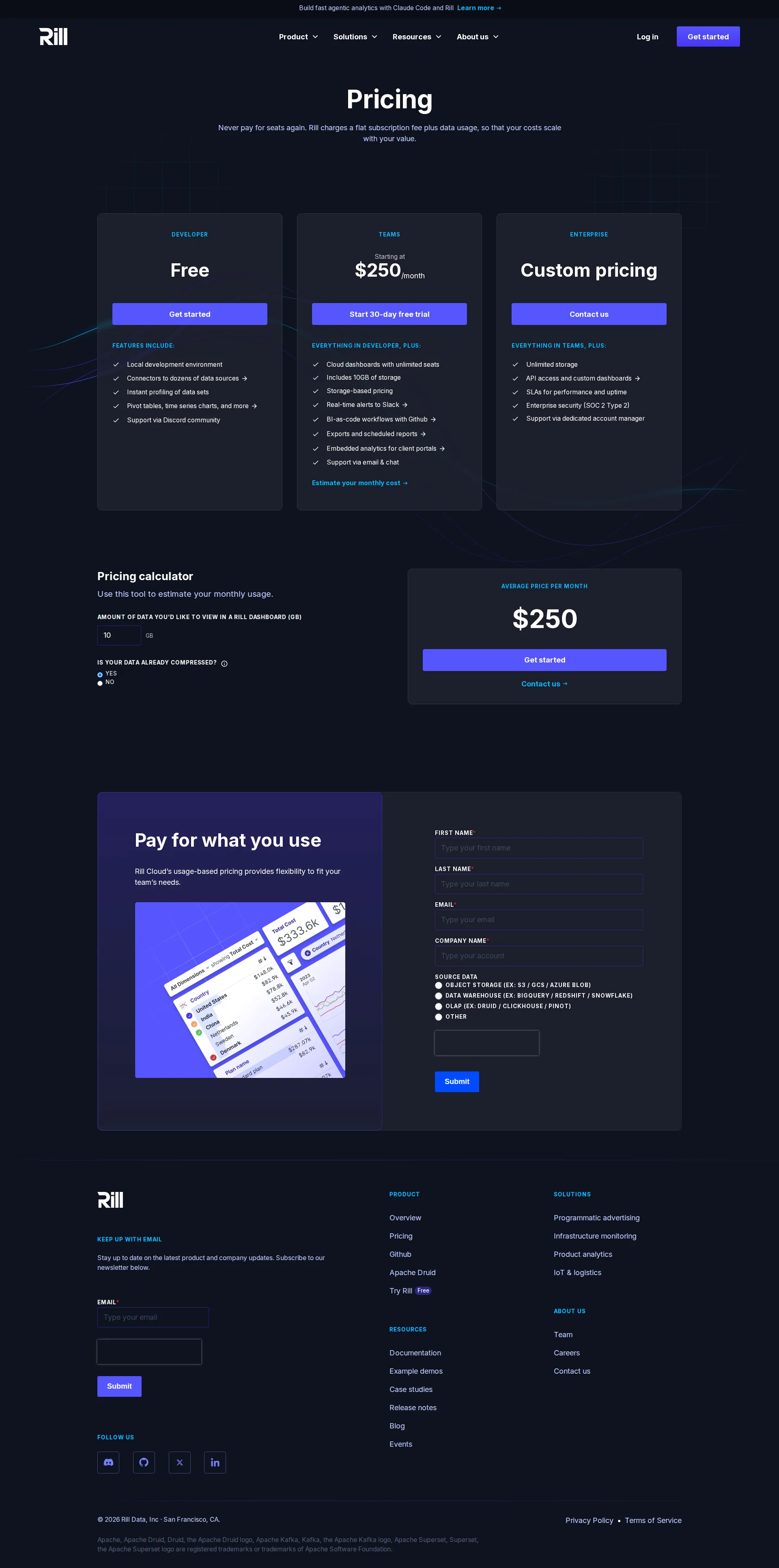 Rill Data pricing page screenshot