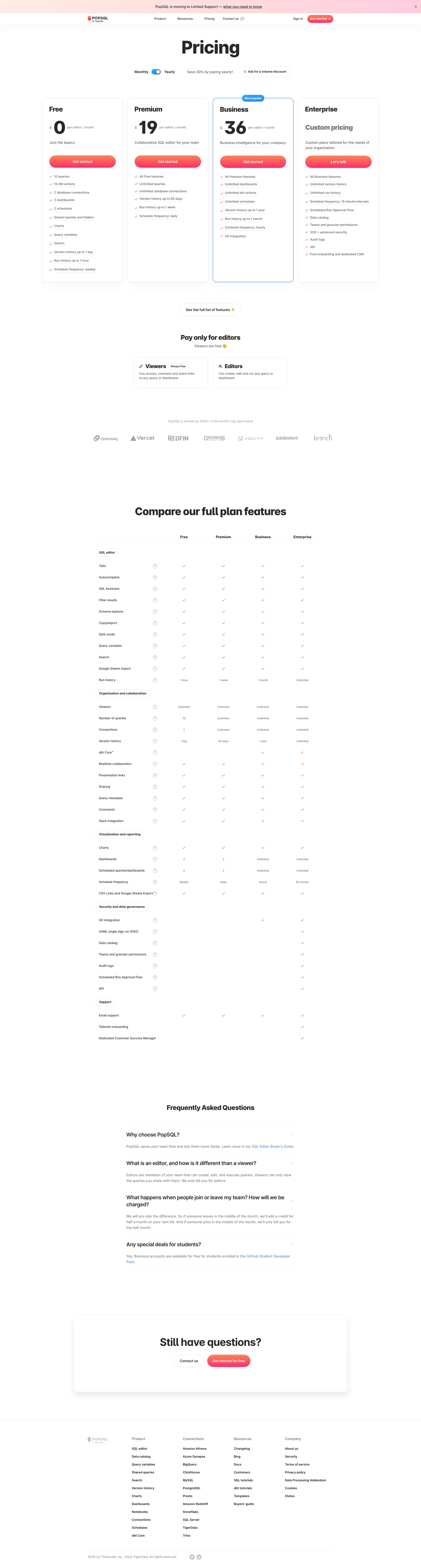 Popsql pricing page screenshot