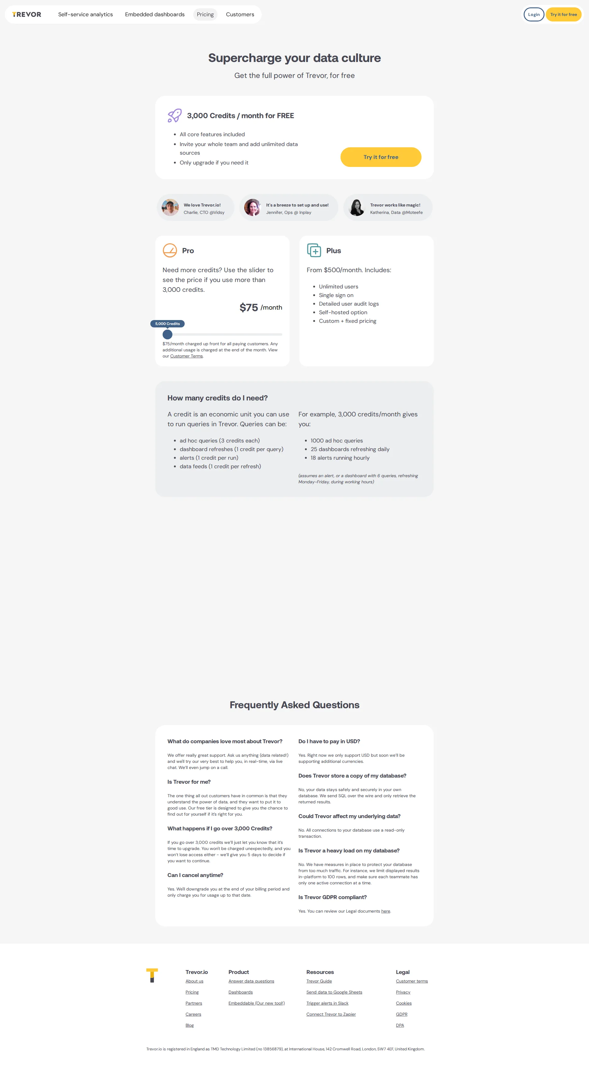 Trevor.io pricing page screenshot