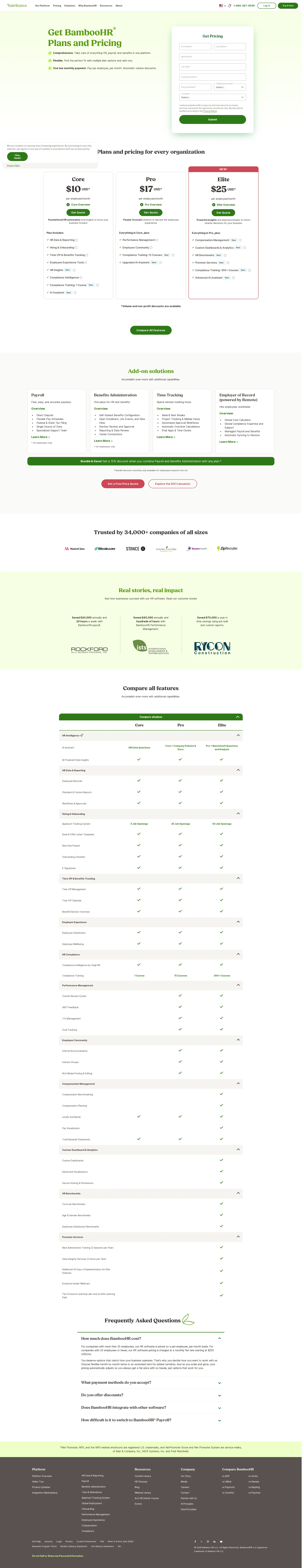 BambooHR pricing page screenshot