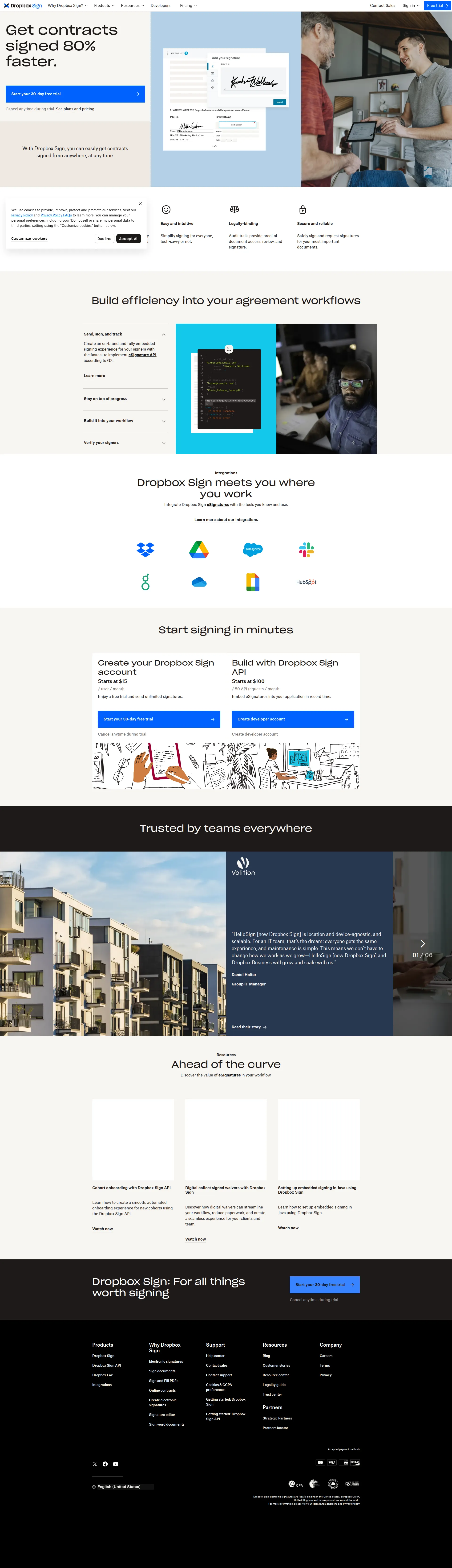 Dropbox Sign Pro pricing page screenshot