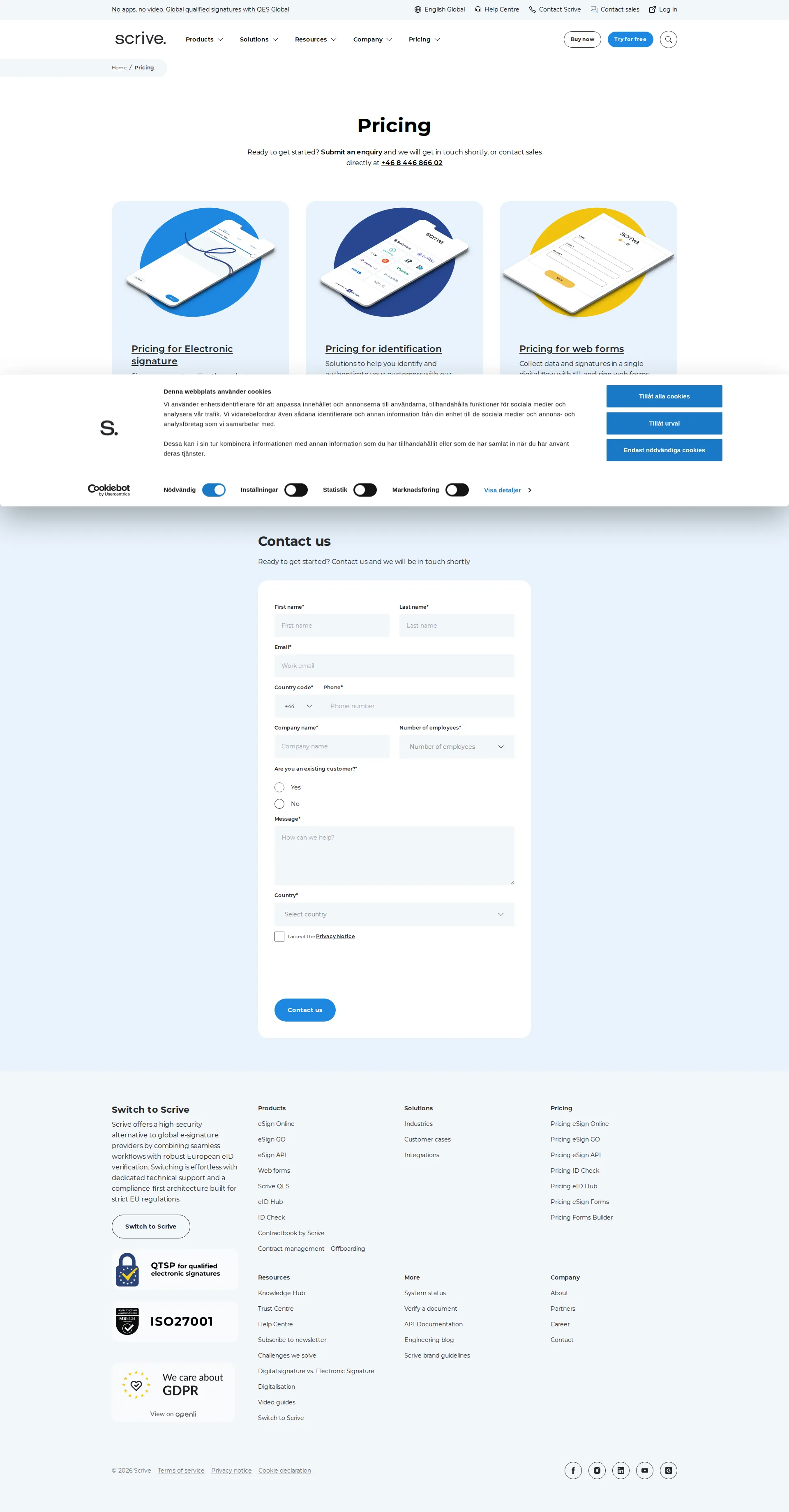 Scrive pricing page screenshot