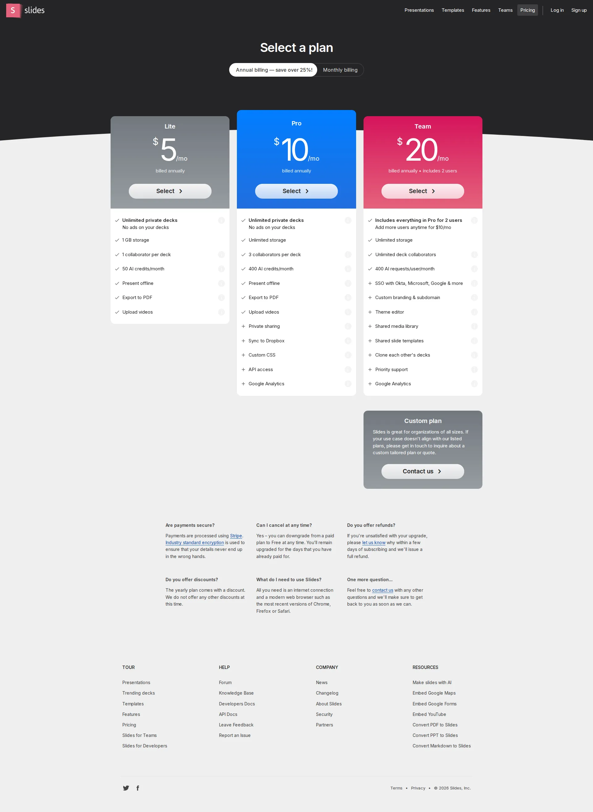Slides.com pricing page screenshot