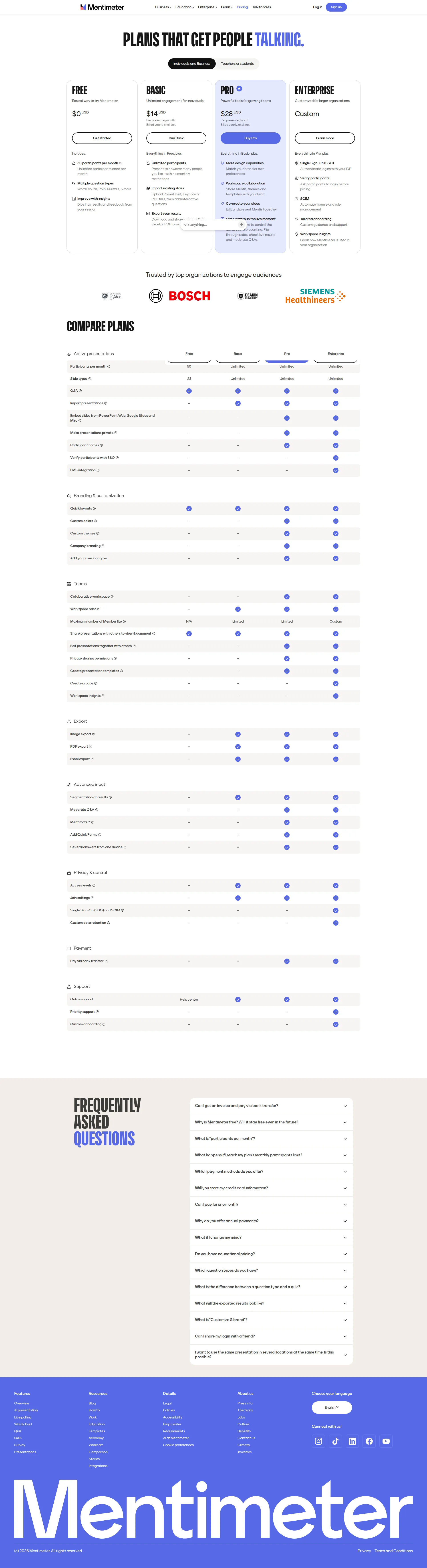Mentimeter pricing page screenshot