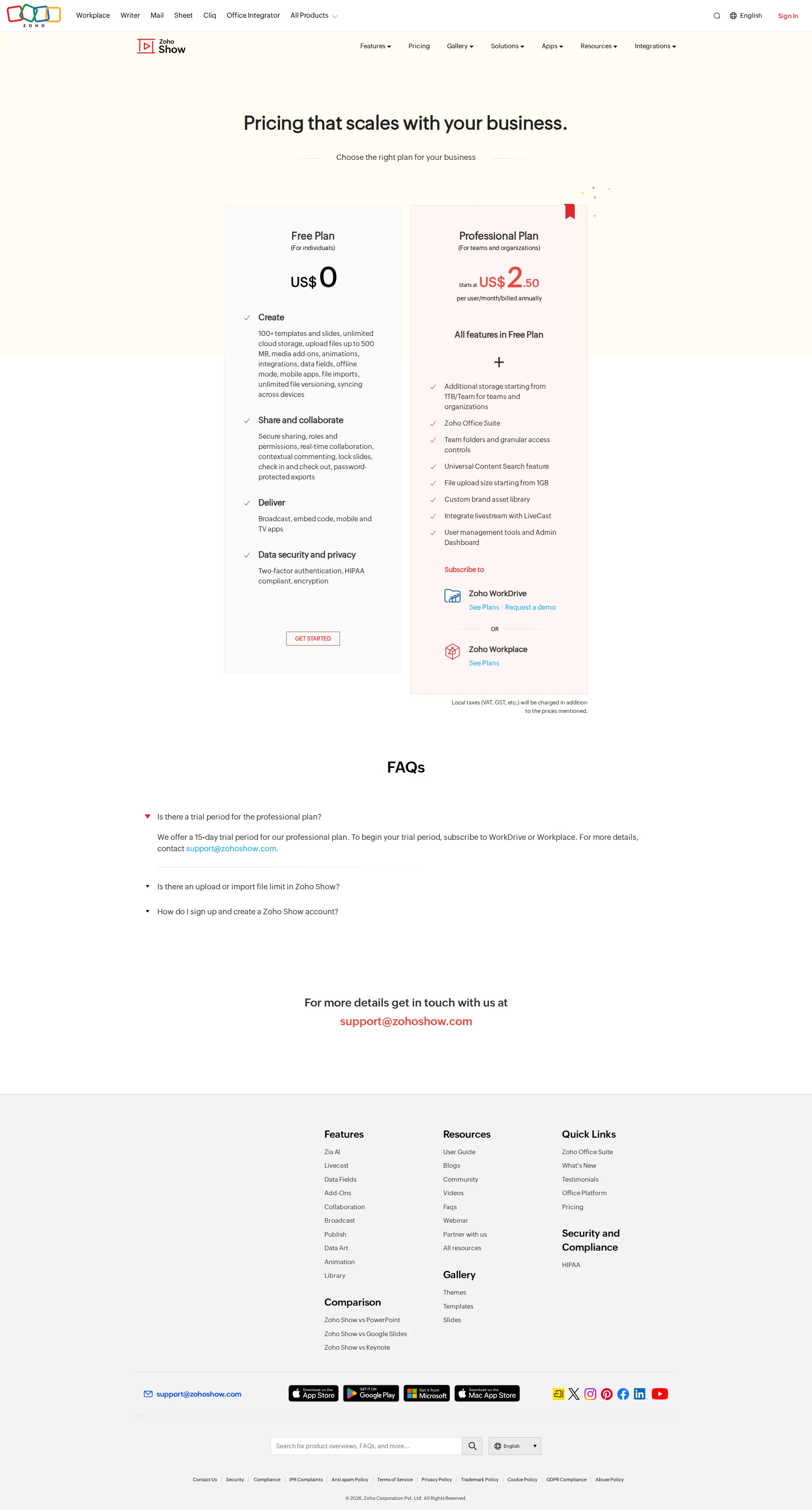 Zoho Show pricing page screenshot