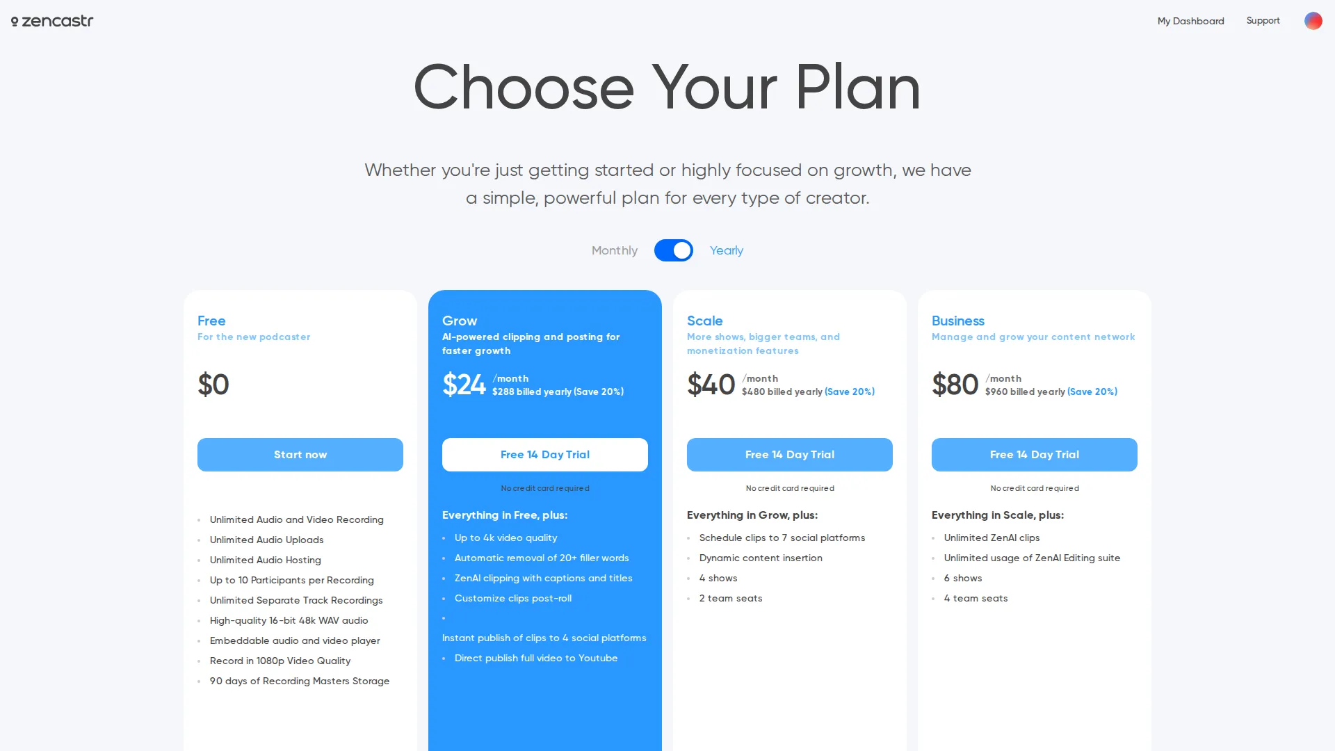 Zencastr pricing page screenshot