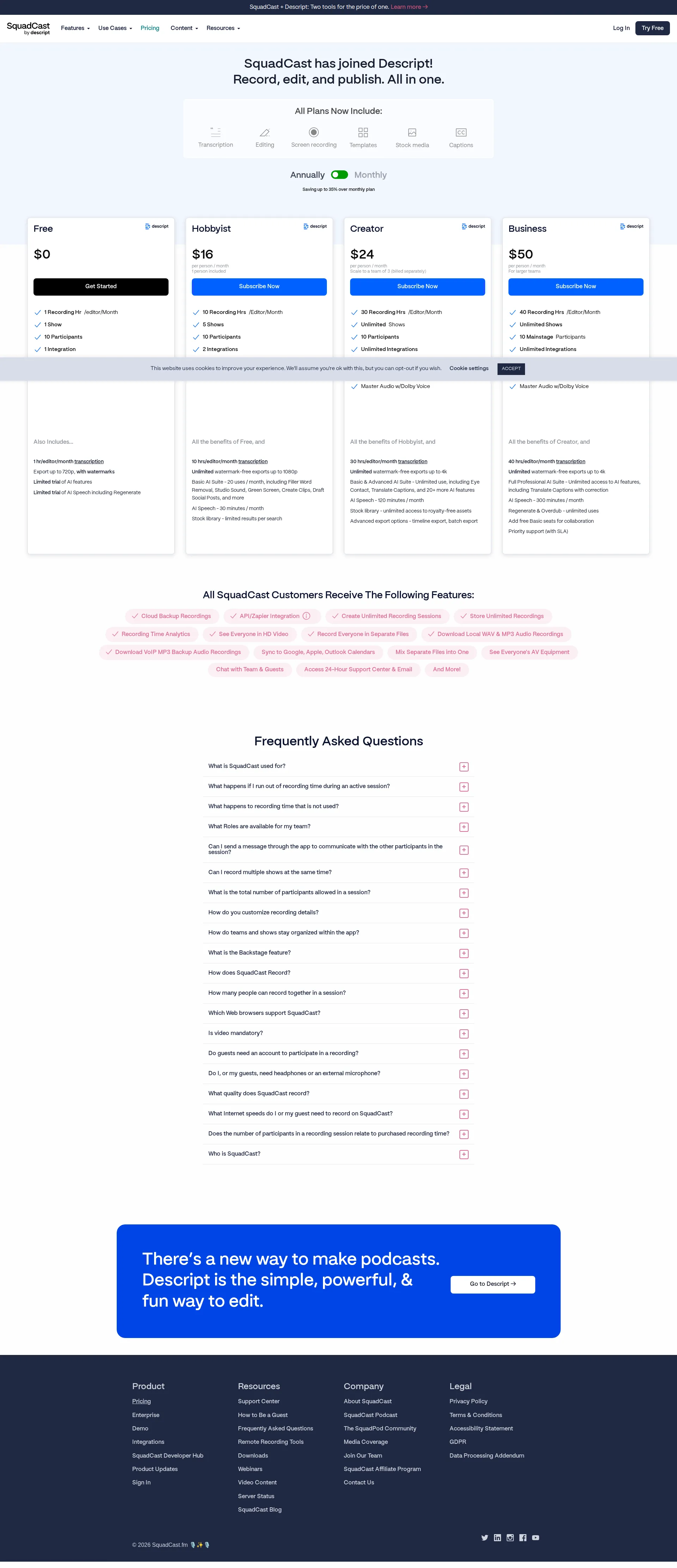 SquadCast pricing page screenshot