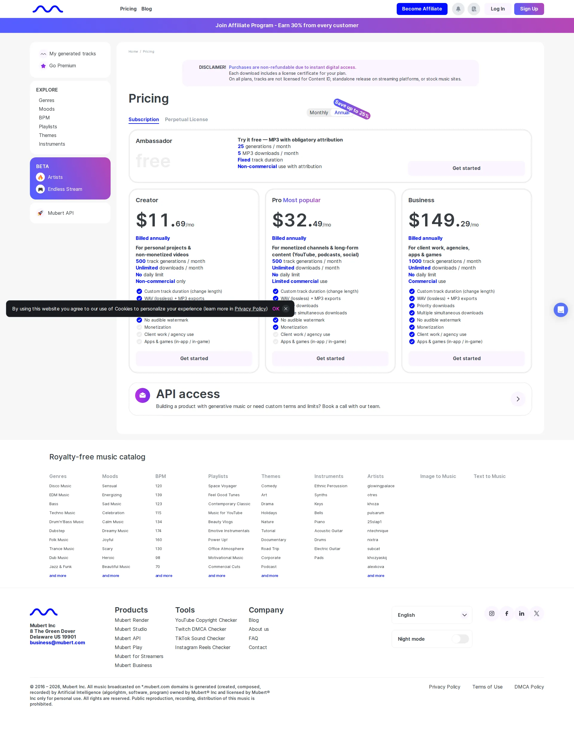 Mubert pricing page screenshot