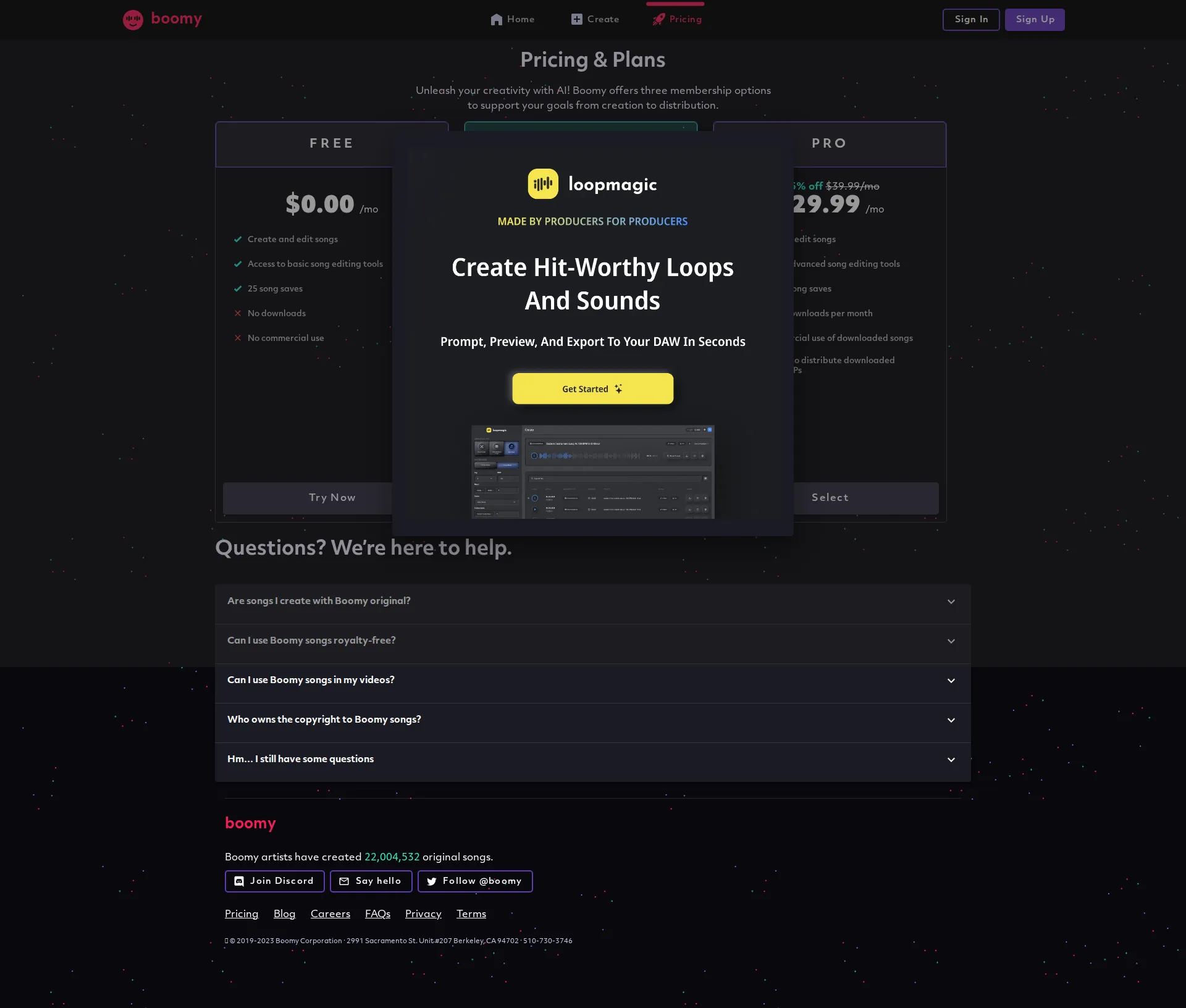 Boomy pricing page screenshot