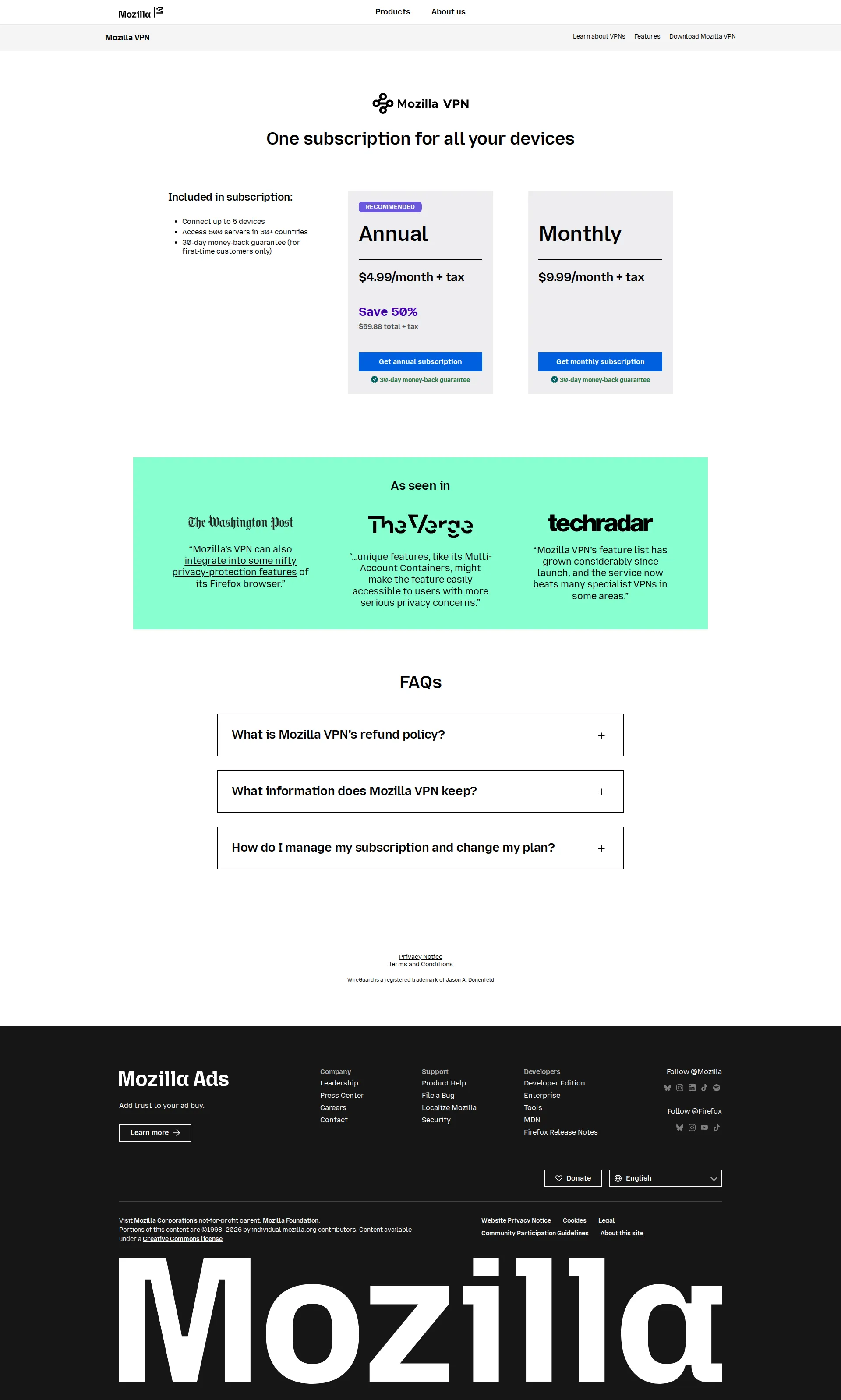 Mozilla VPN pricing page screenshot