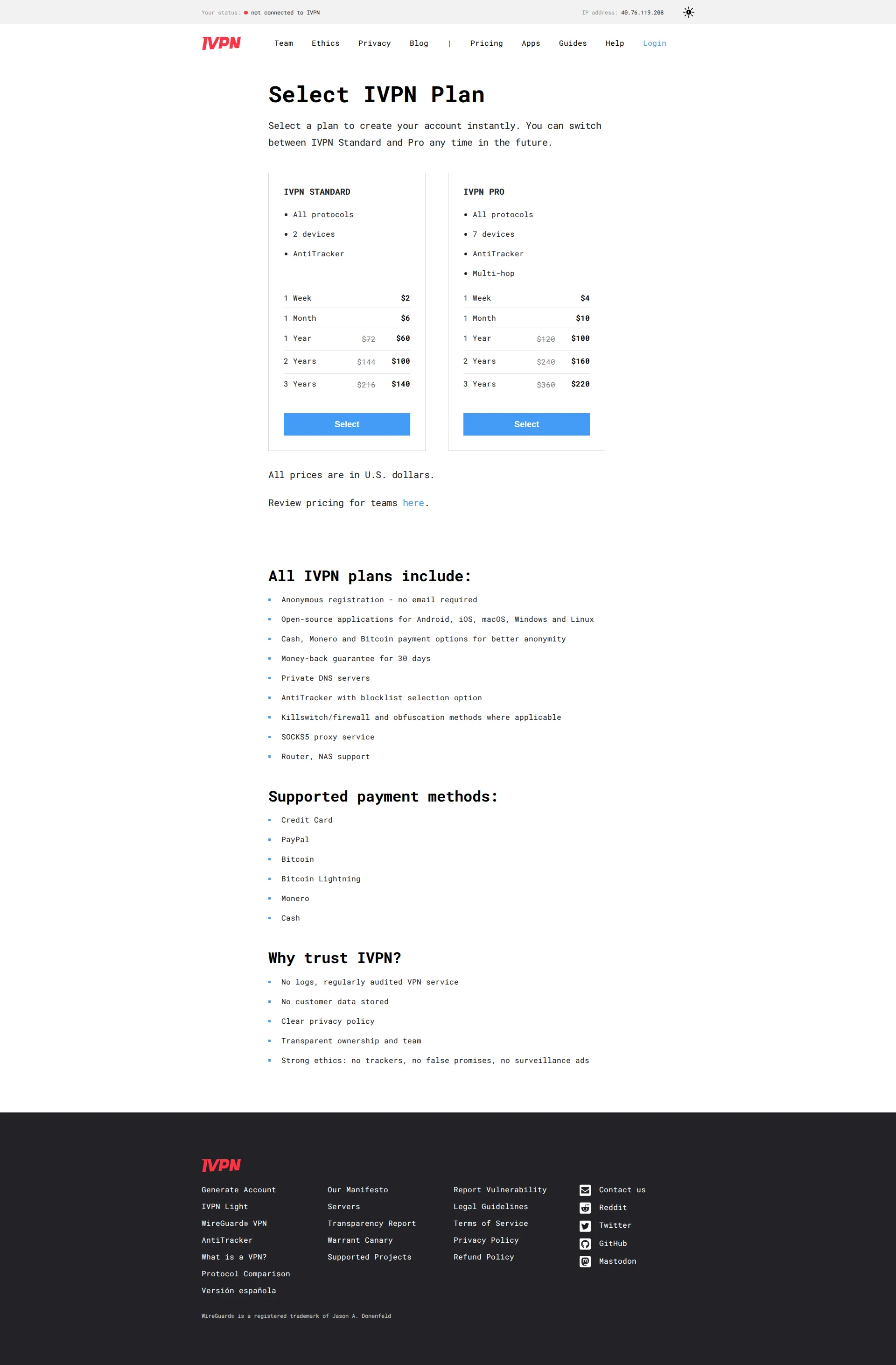 IVPN pricing page screenshot