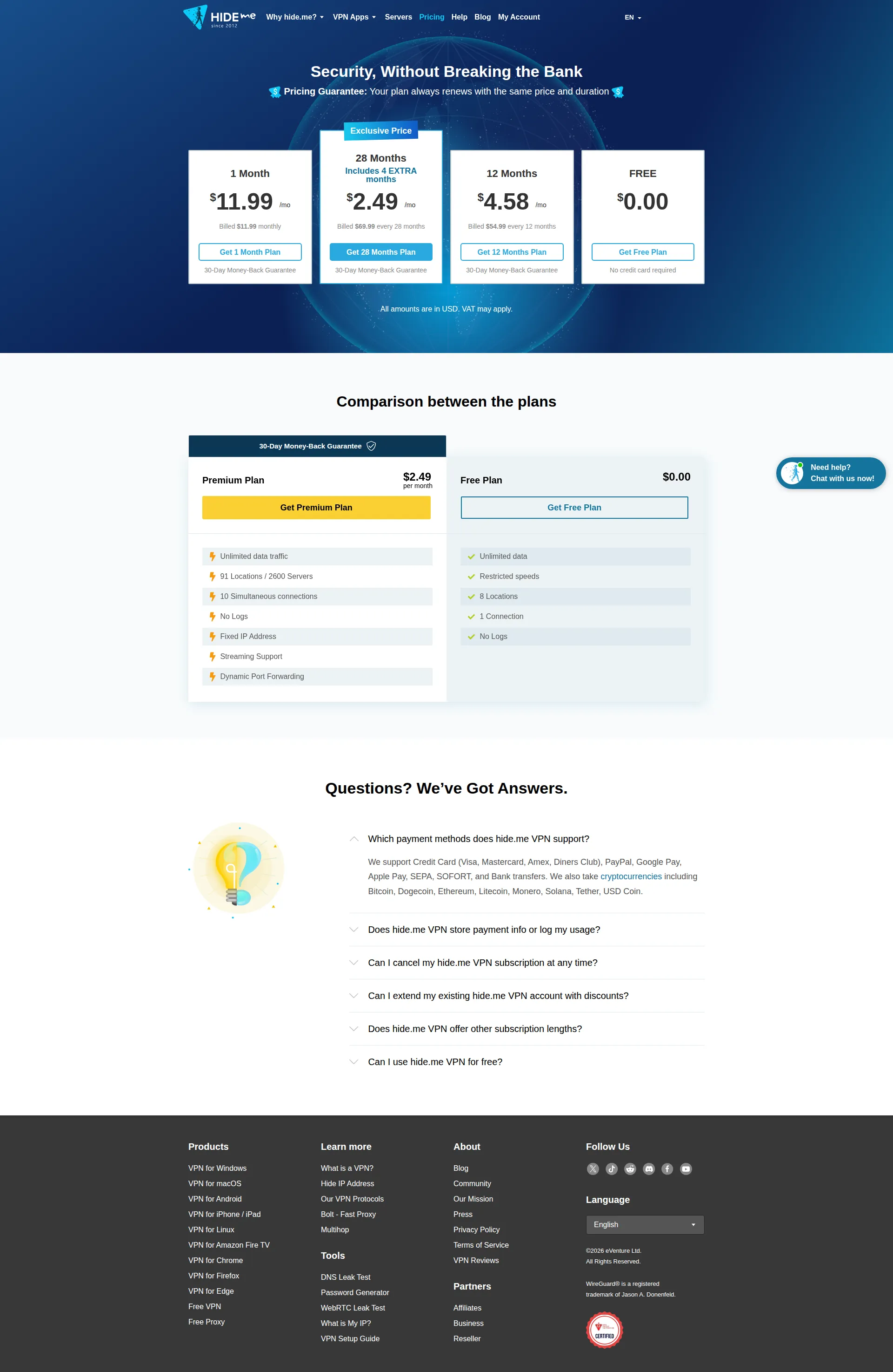 hide.me pricing page screenshot