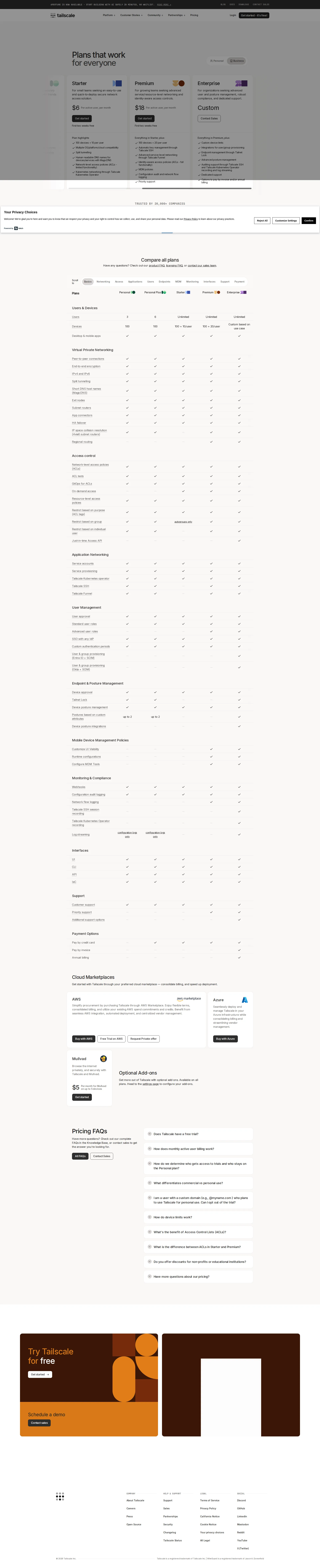 Tailscale Pro pricing page screenshot