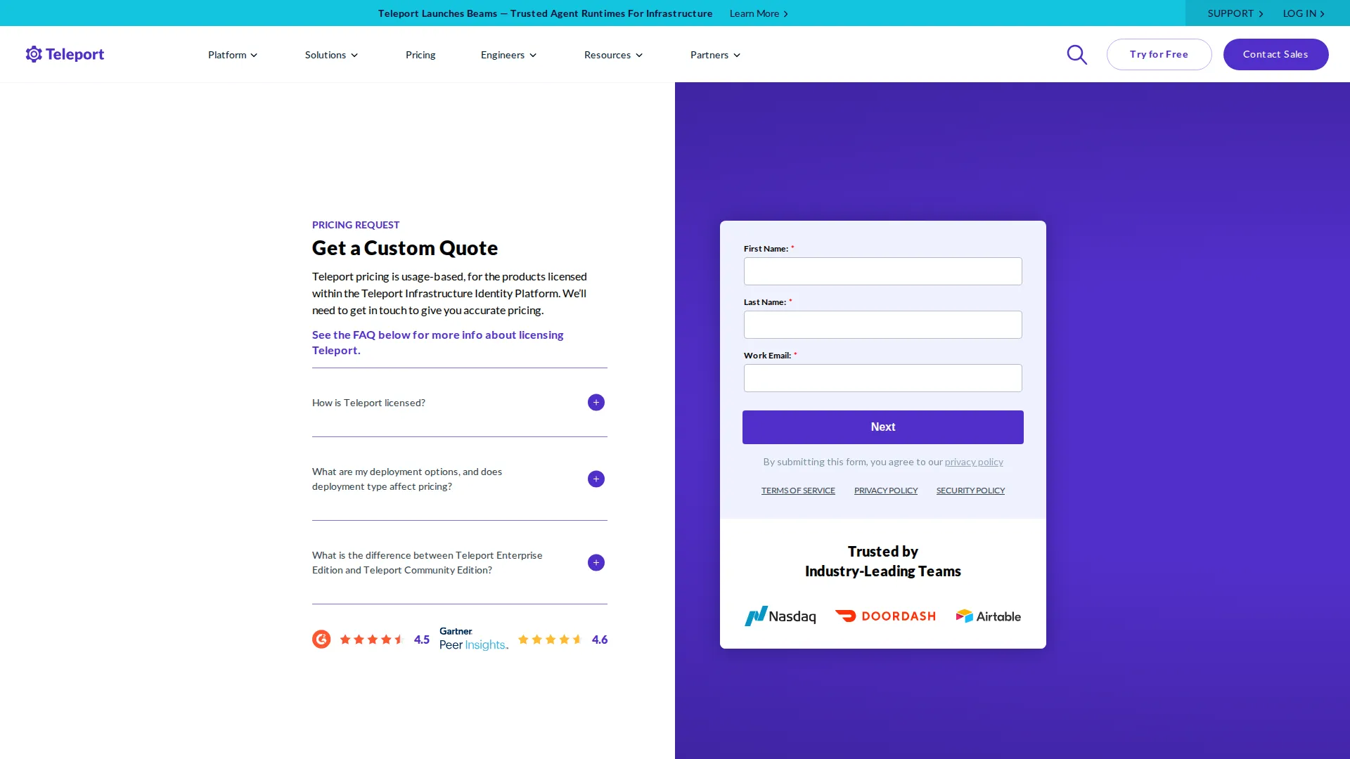 Teleport pricing page screenshot