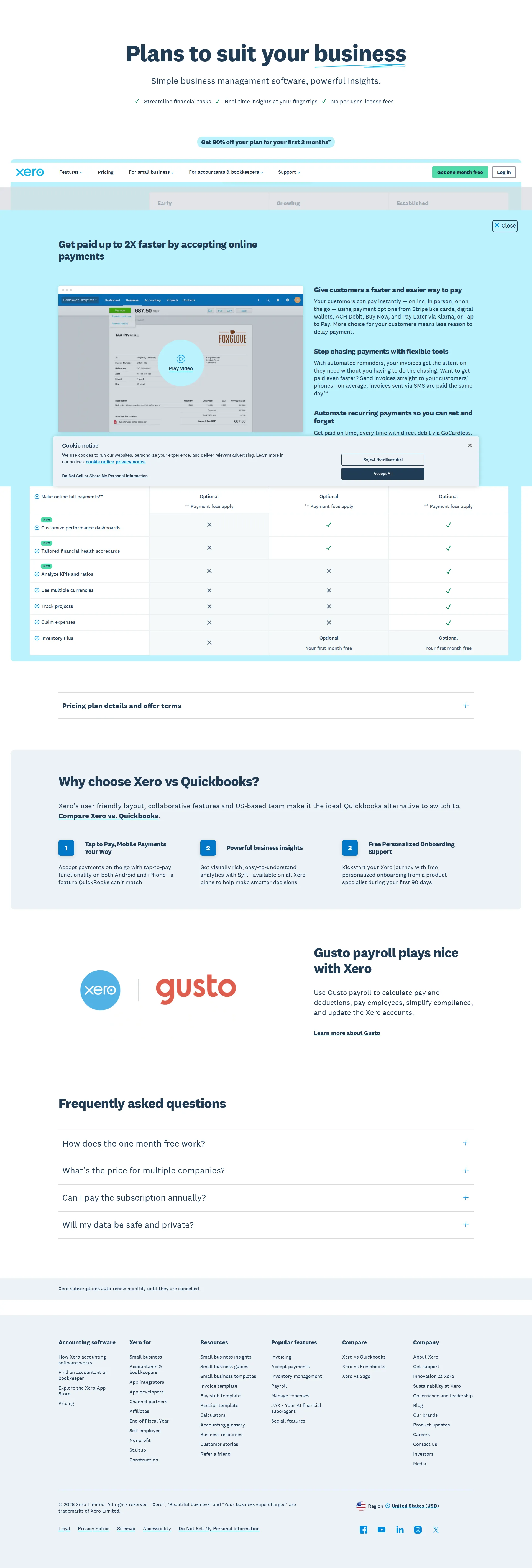Xero pricing page screenshot