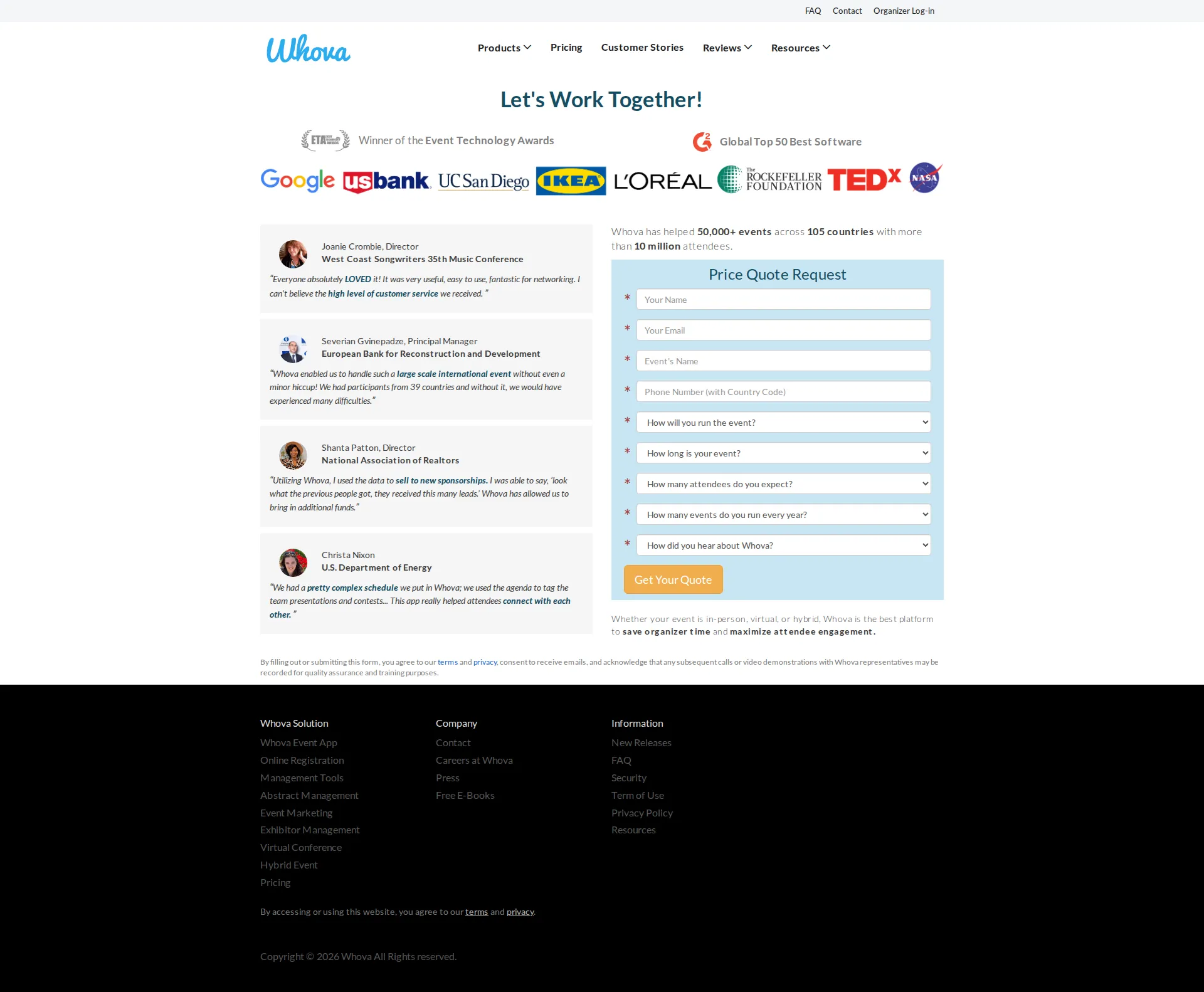 Whova pricing page screenshot