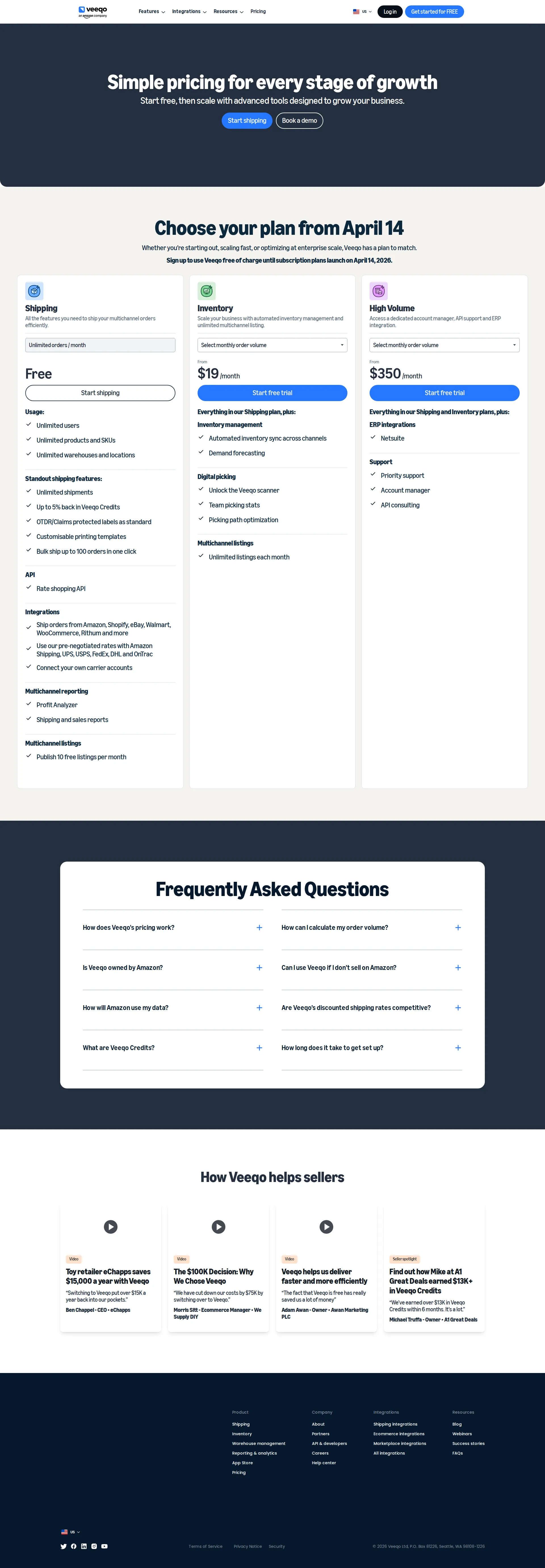 Veeqo pricing page screenshot