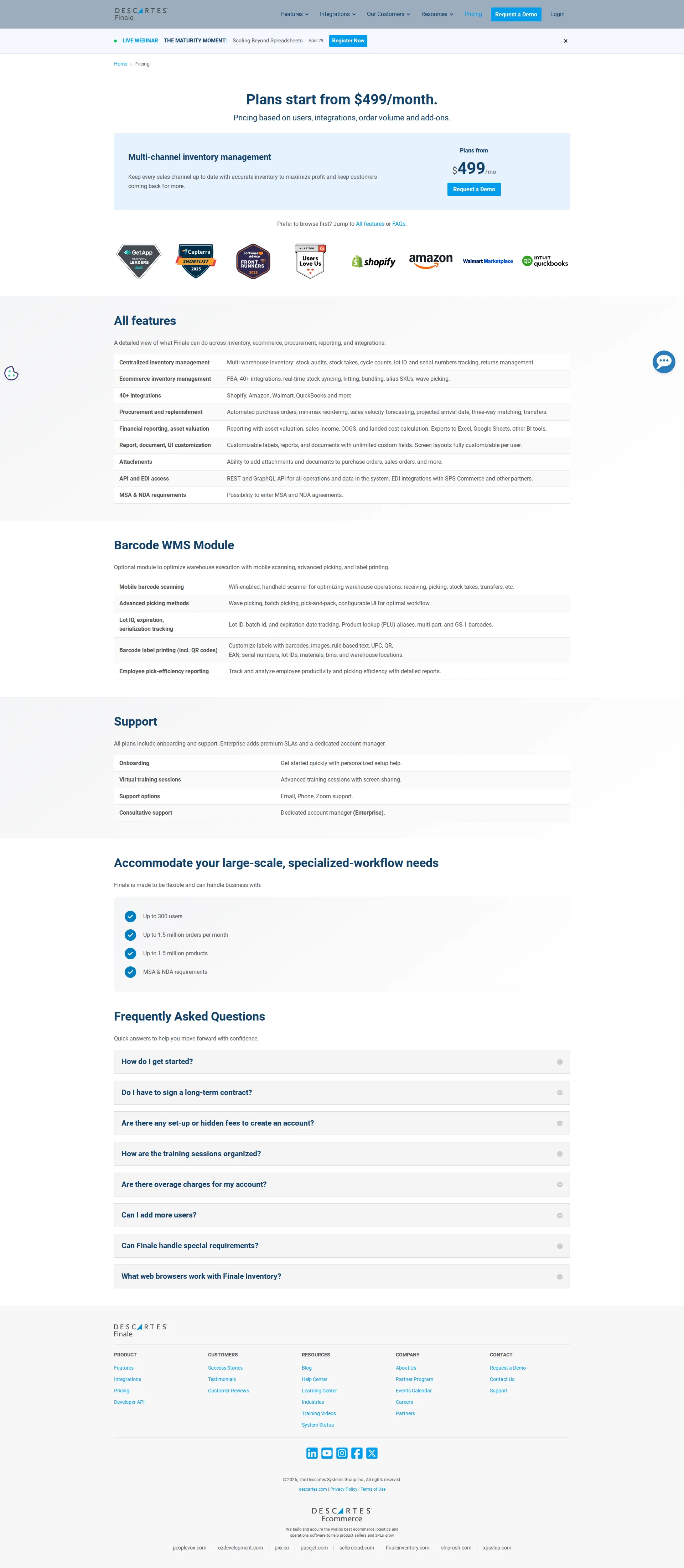 Finale Inventory pricing page screenshot
