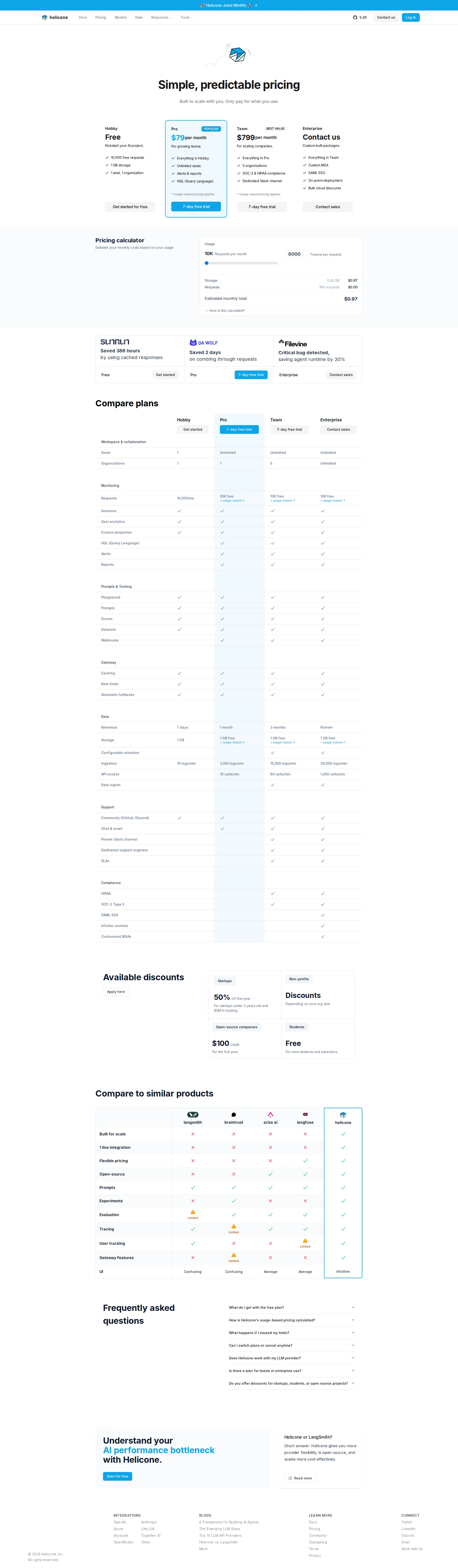 Helicone AI pricing page screenshot