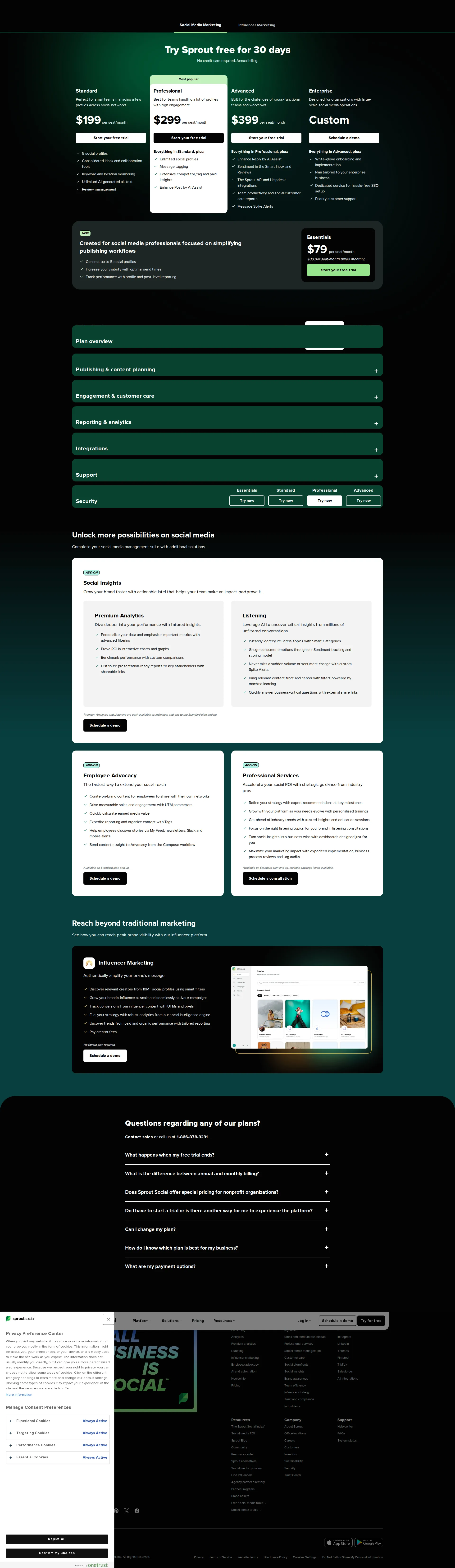 Sprout Social Pro pricing page screenshot
