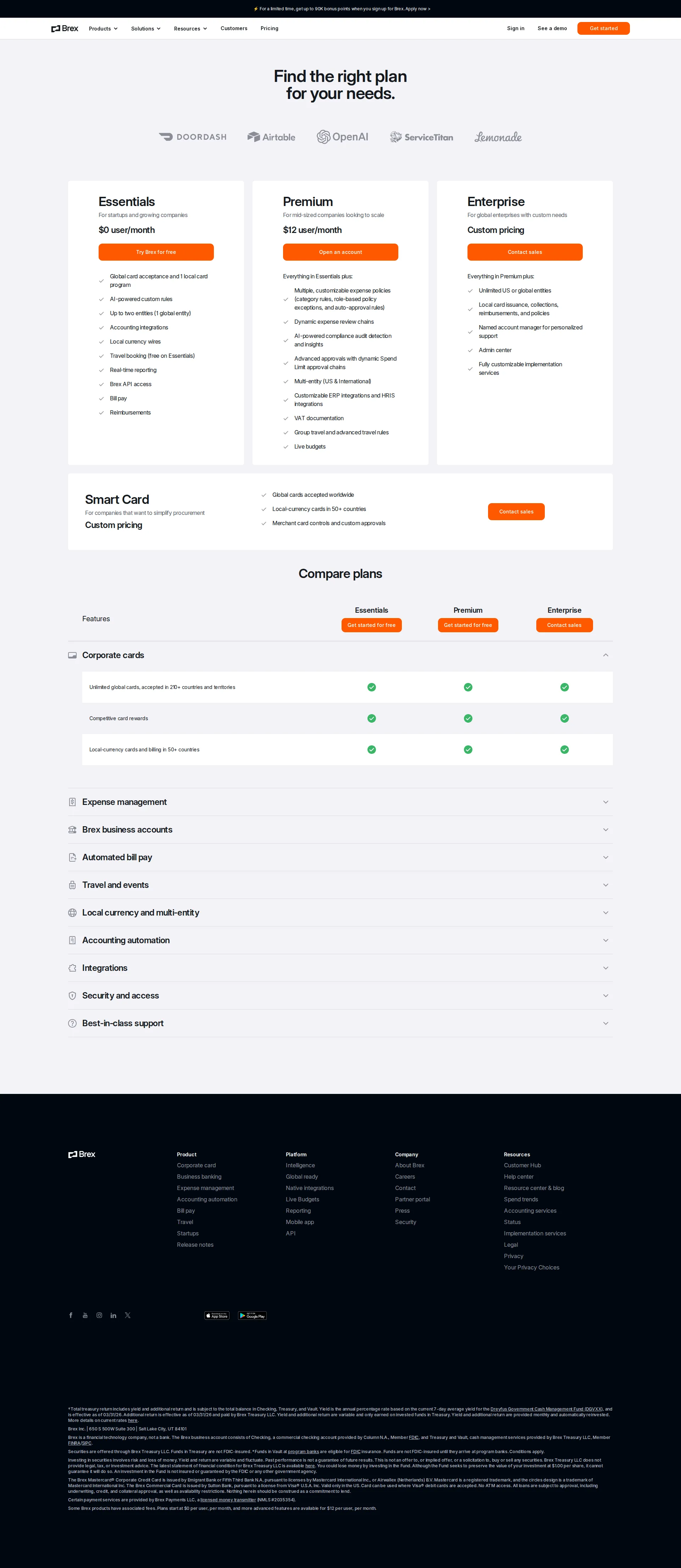 Brex pricing page screenshot