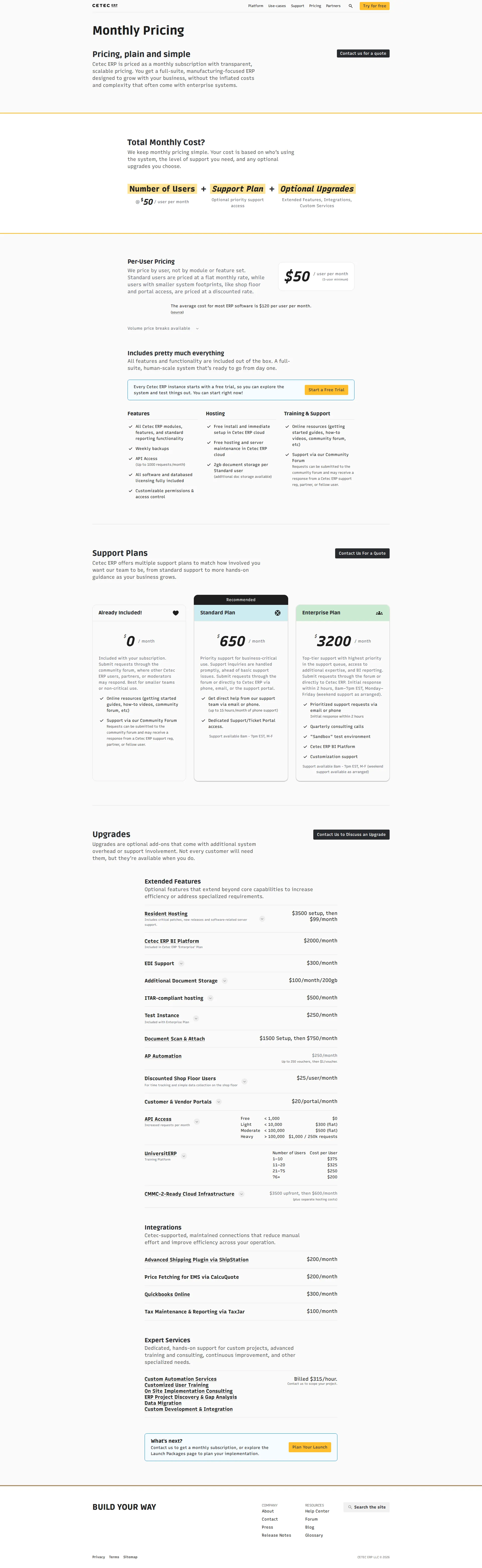 Cetec ERP pricing page screenshot