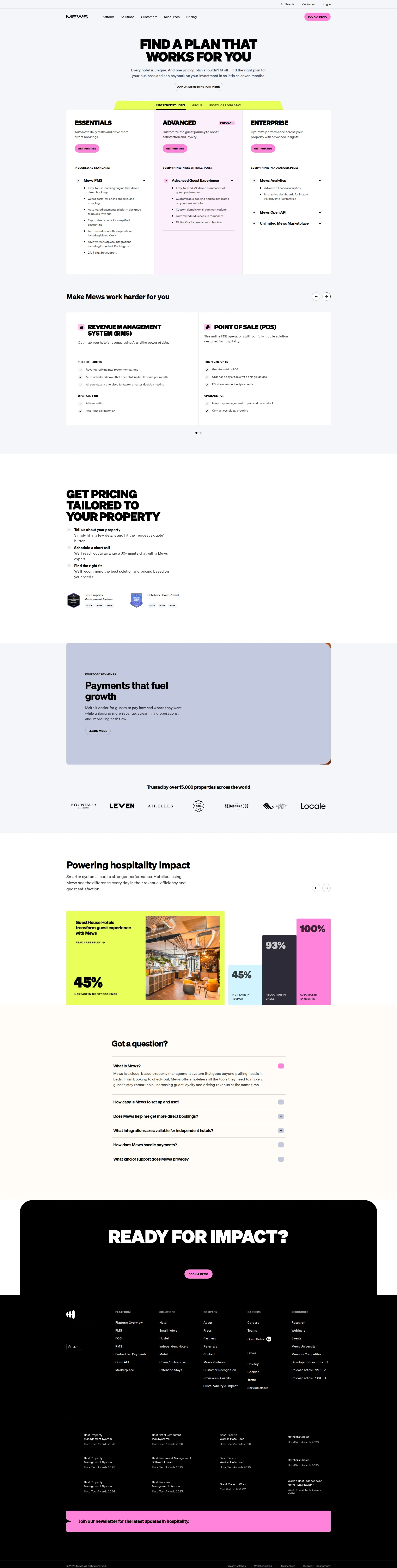 Mews pricing page screenshot