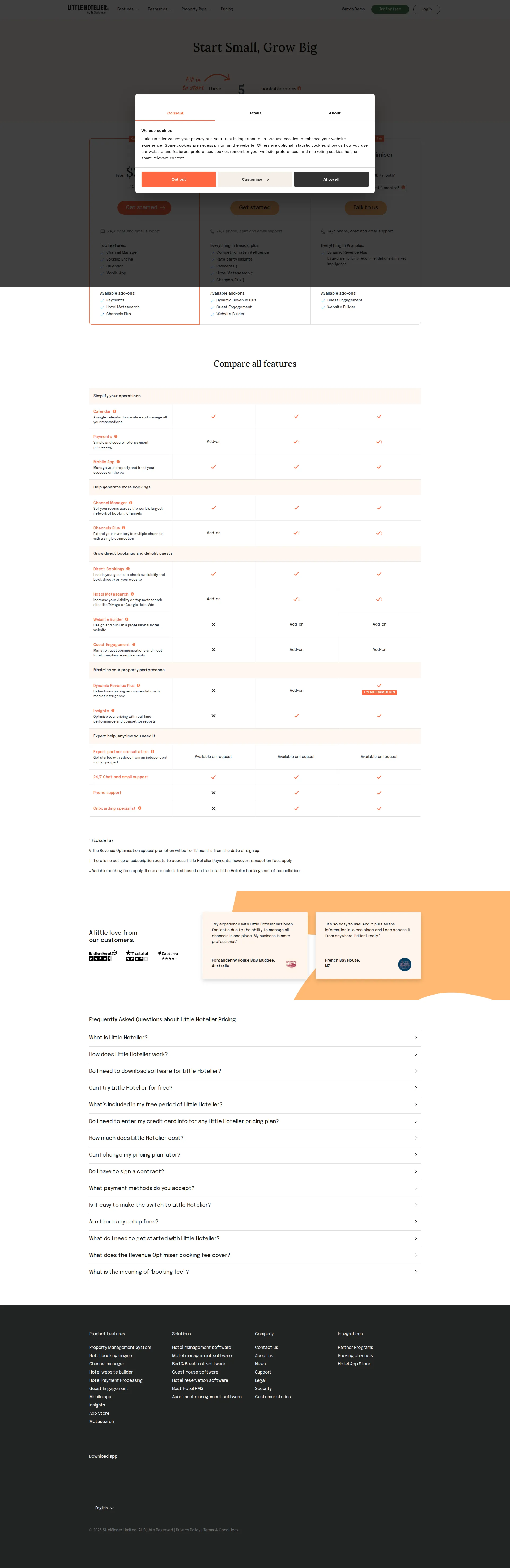 Little Hotelier pricing page screenshot