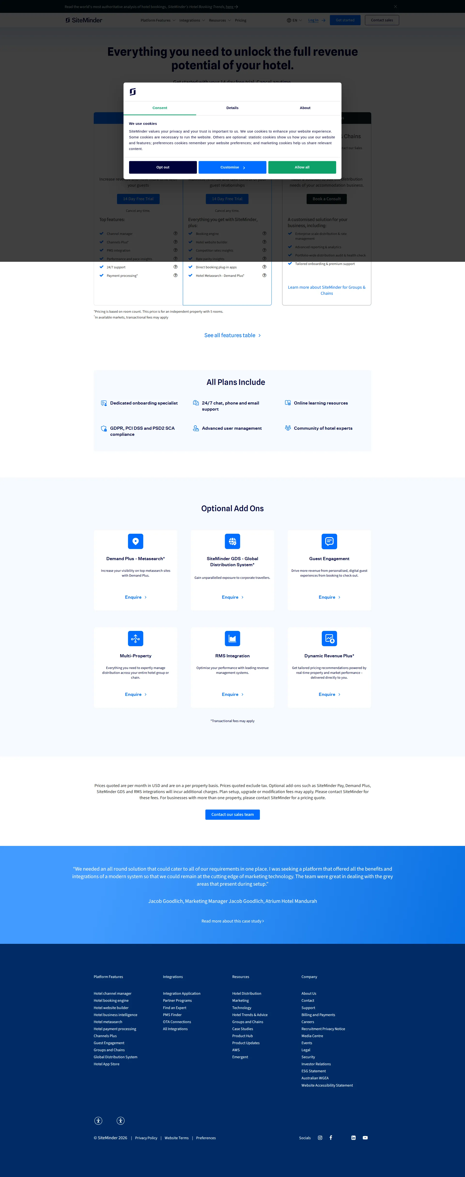 SiteMinder pricing page screenshot
