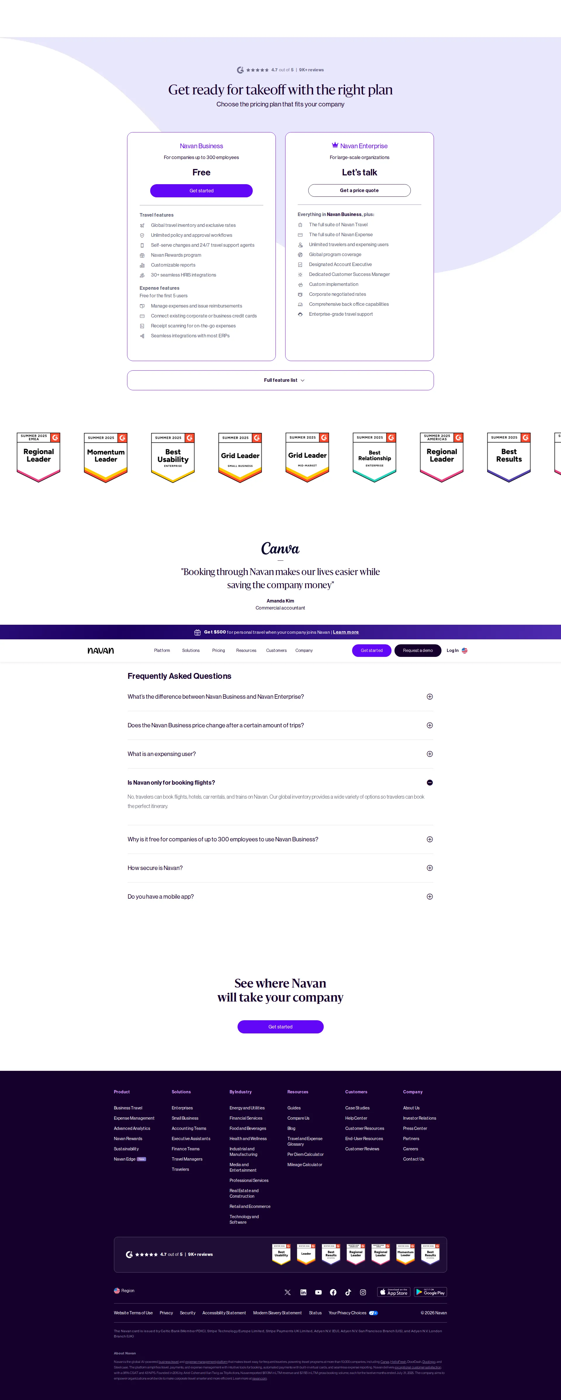 TripActions pricing page screenshot