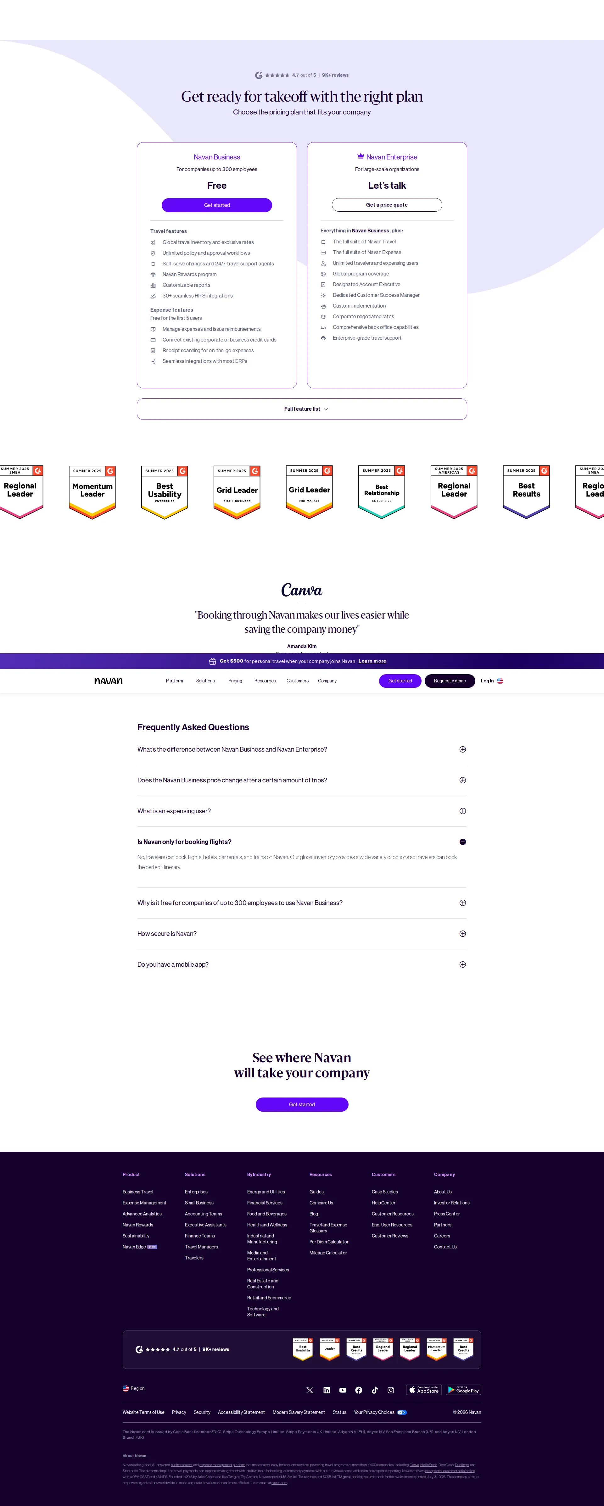 Navan pricing page screenshot