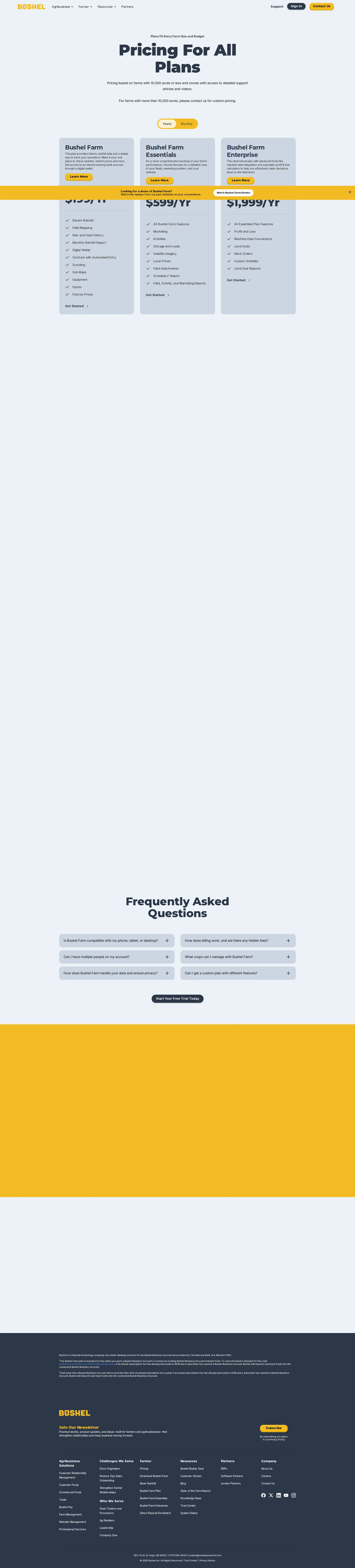 Bushel Farm pricing page screenshot