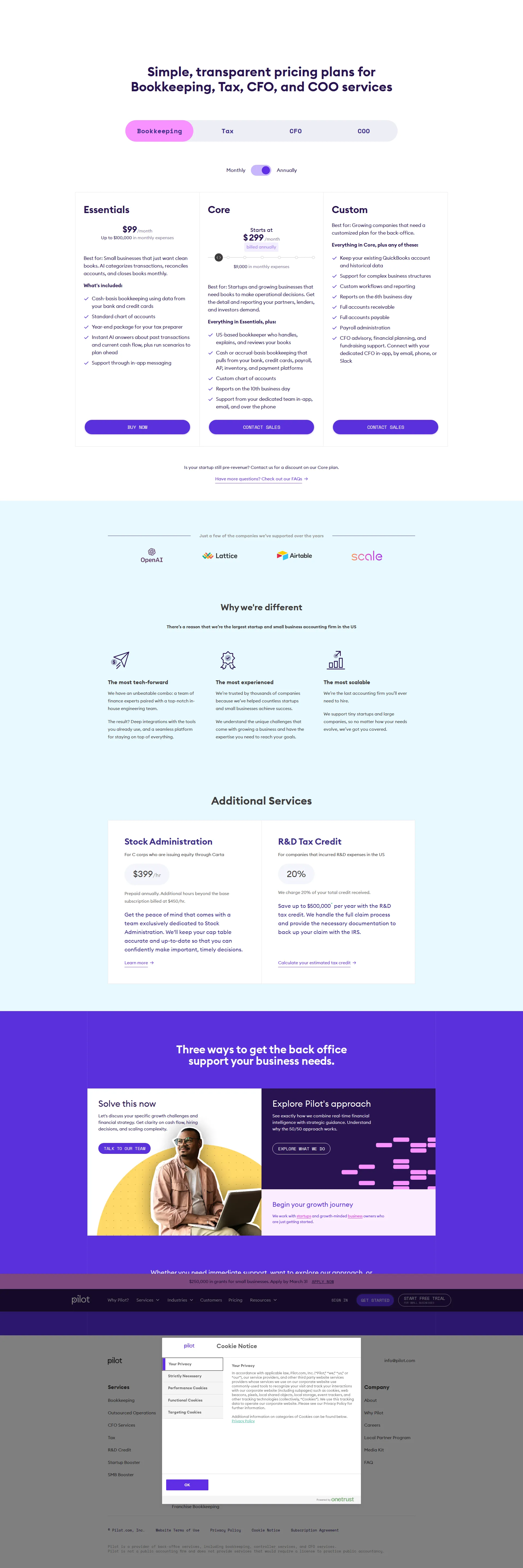 Pilot pricing page screenshot