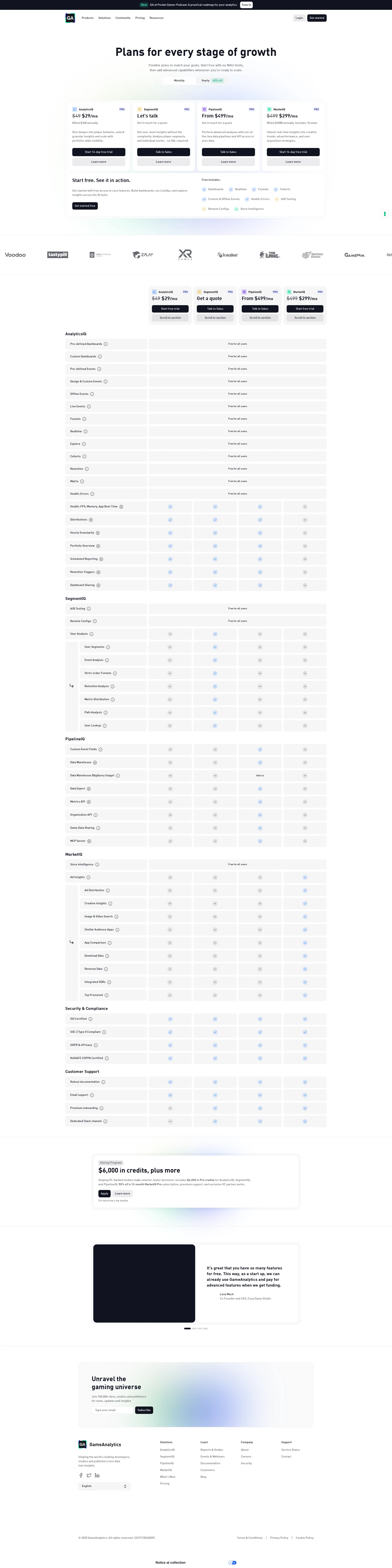 GameAnalytics pricing page screenshot