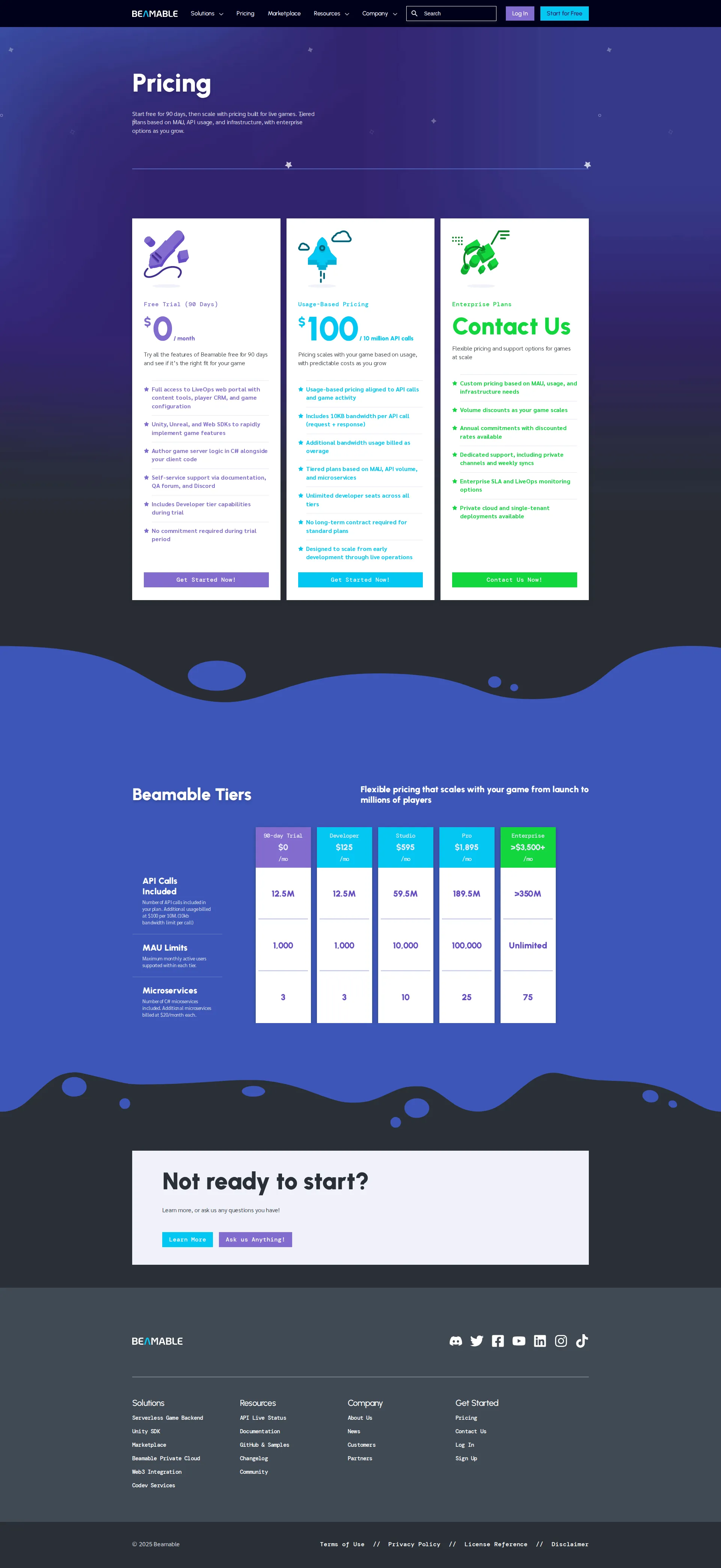 Beamable pricing page screenshot