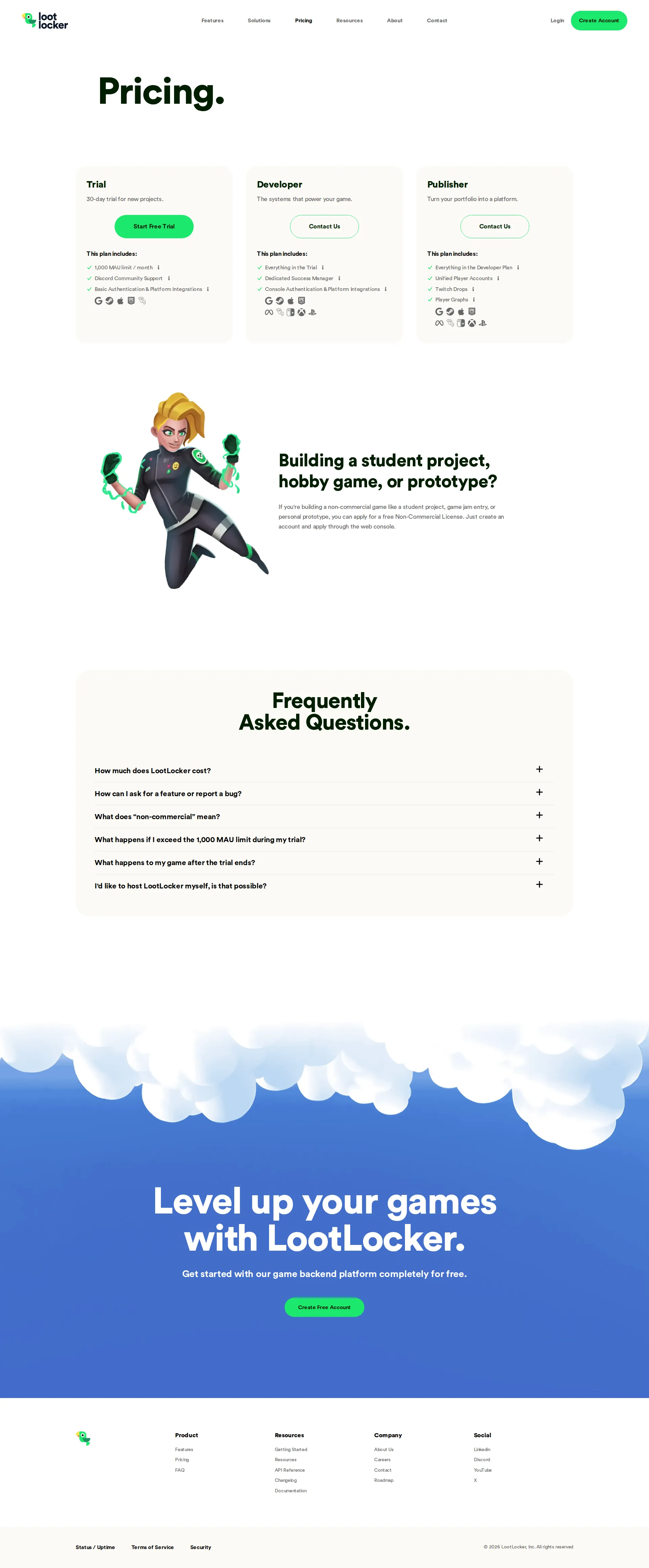 LootLocker pricing page screenshot