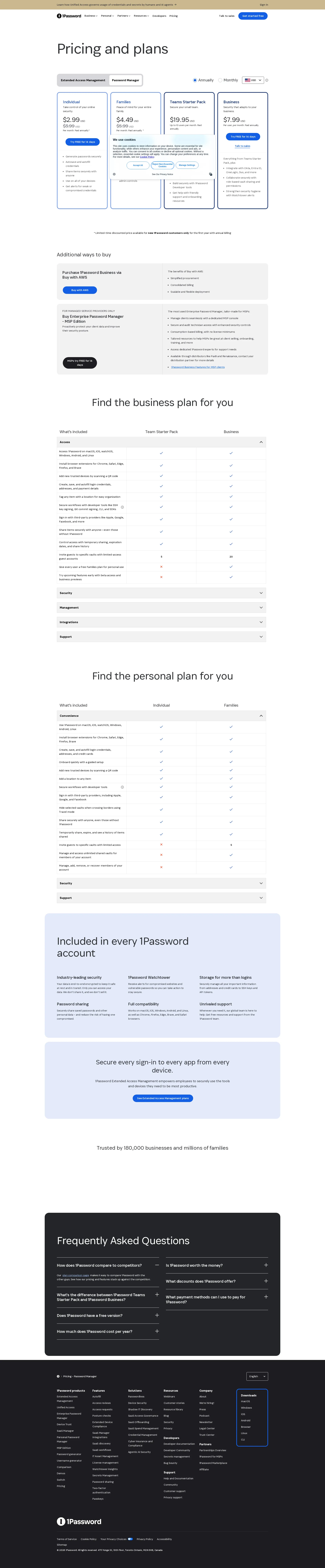 1Password pricing page screenshot