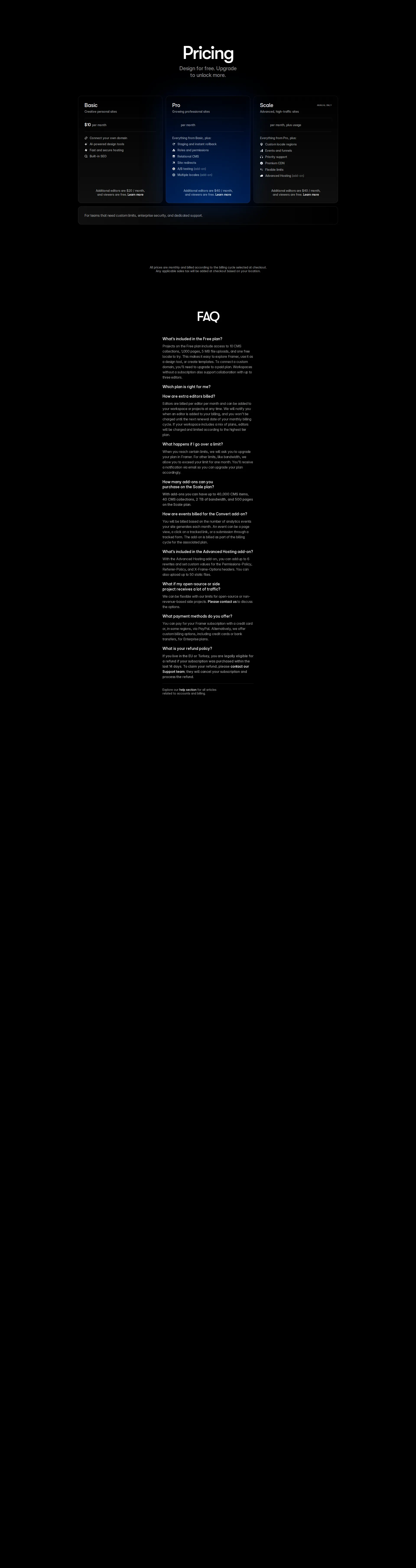 Framer pricing page screenshot