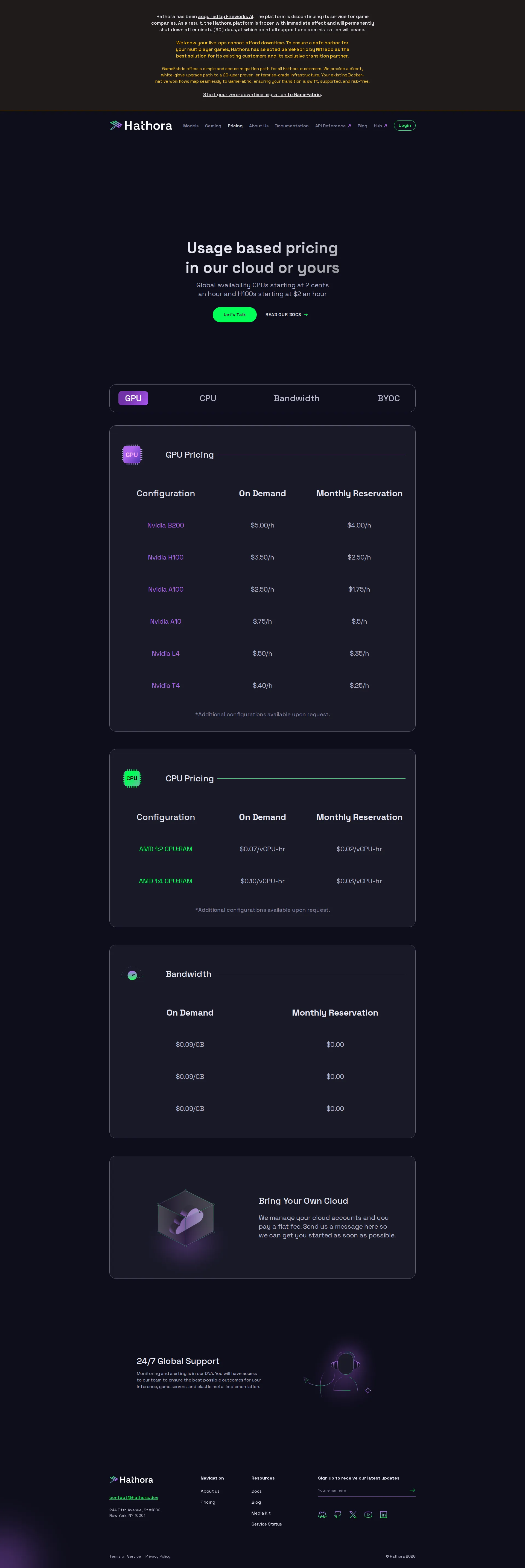 Hathora pricing page screenshot